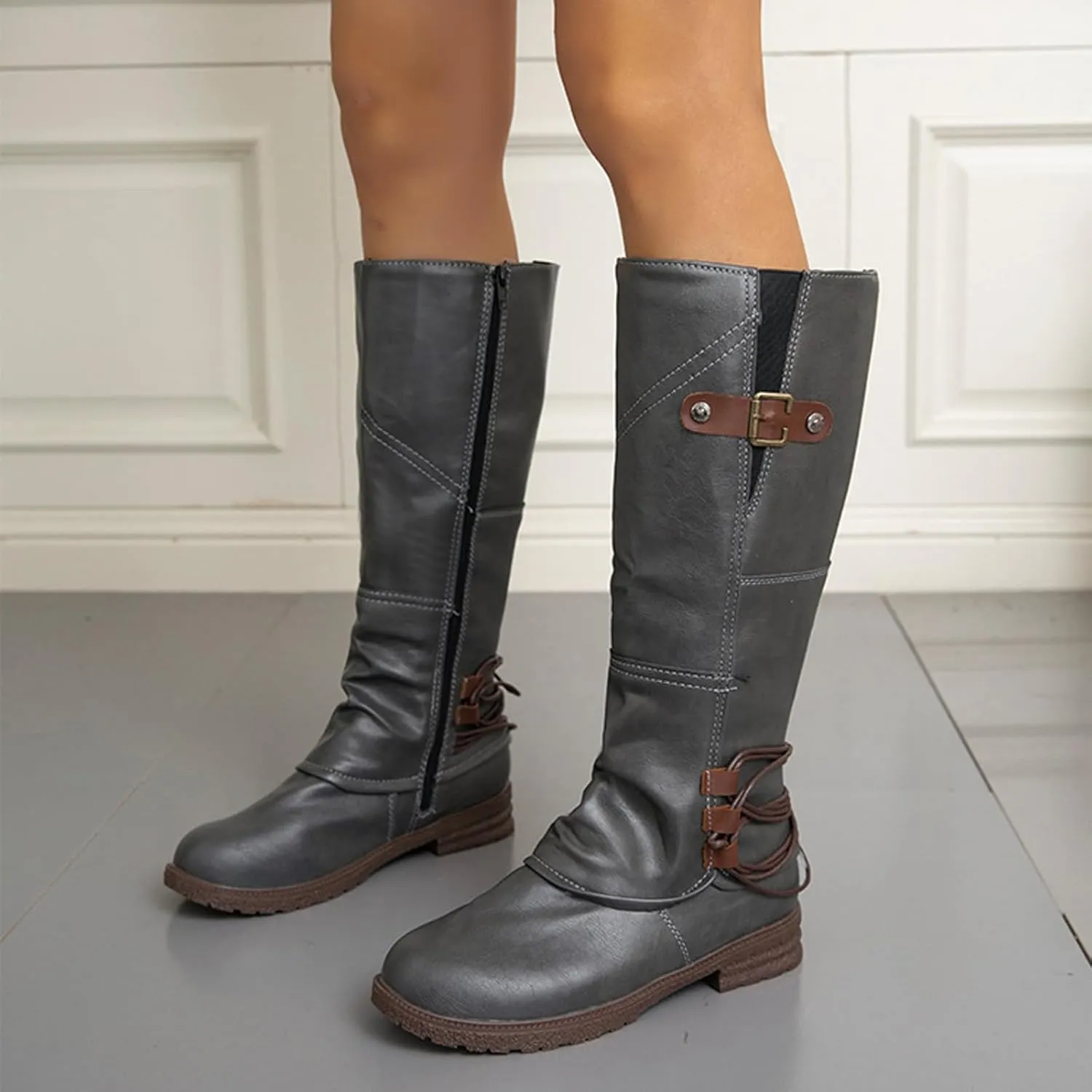 Women's Hand Stitching Wide Mid Calf Boots,Fashion Ruched Side Zip Metal Buckles Winter Boots Low Chunky Heel Combat Riding Long Boots Knee High Western Cowgirl Boots