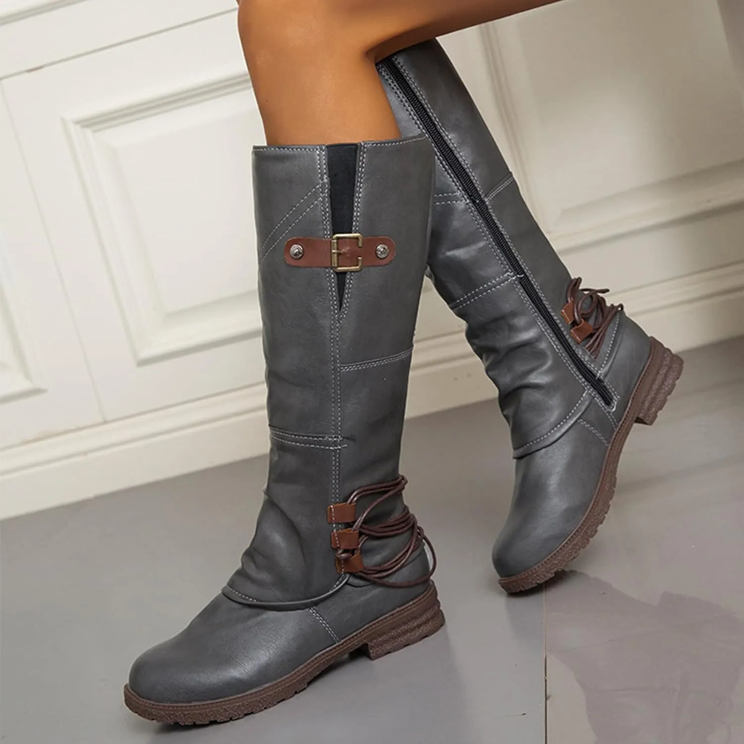Women's Hand Stitching Wide Mid Calf Boots,Fashion Ruched Side Zip Metal Buckles Winter Boots Low Chunky Heel Combat Riding Long Boots Knee High Western Cowgirl Boots