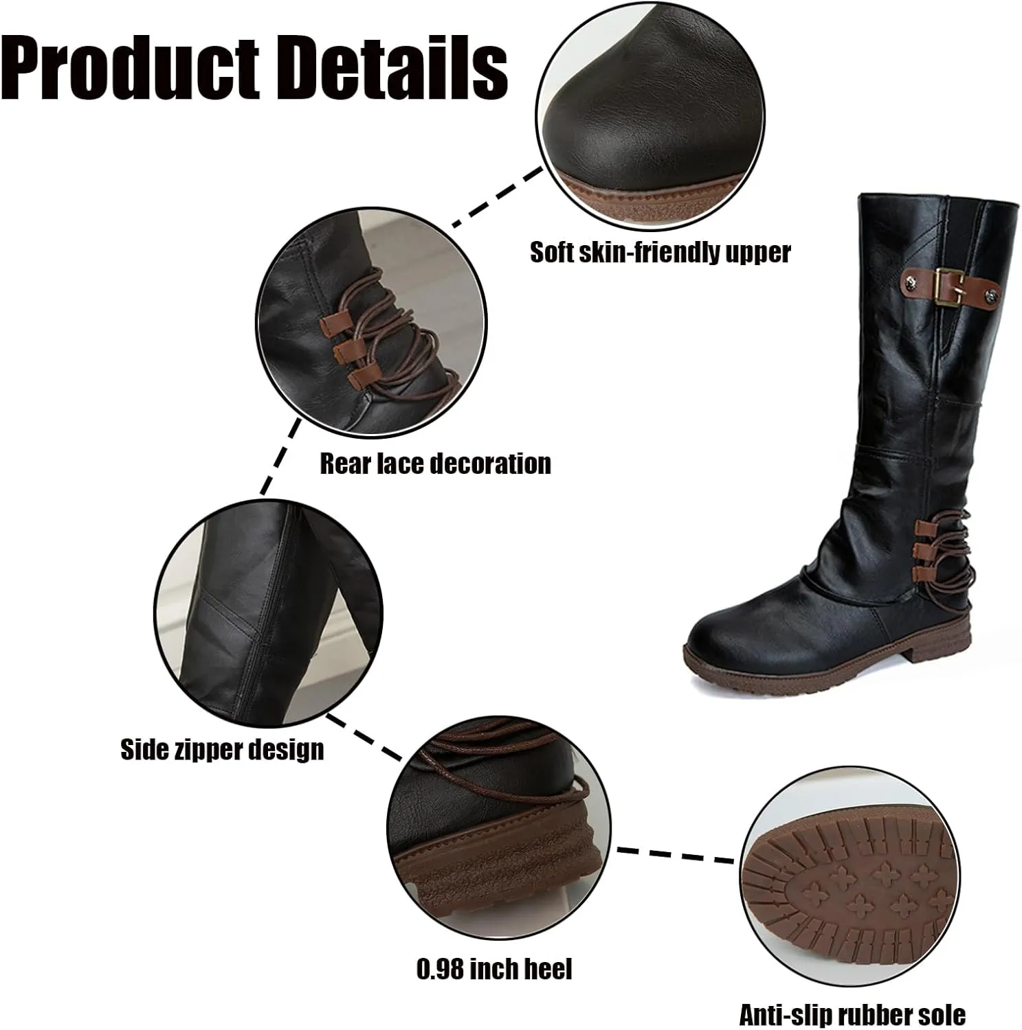Women's Hand Stitching Wide Mid Calf Boots,Fashion Ruched Side Zip Metal Buckles Winter Boots Low Chunky Heel Combat Riding Long Boots Knee High Western Cowgirl Boots