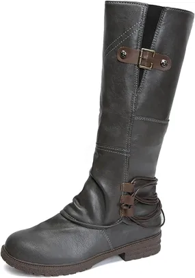 Women's Hand Stitching Wide Mid Calf Boots,Fashion Ruched Side Zip Metal Buckles Winter Boots Low Chunky Heel Combat Riding Long Boots Knee High Western Cowgirl Boots