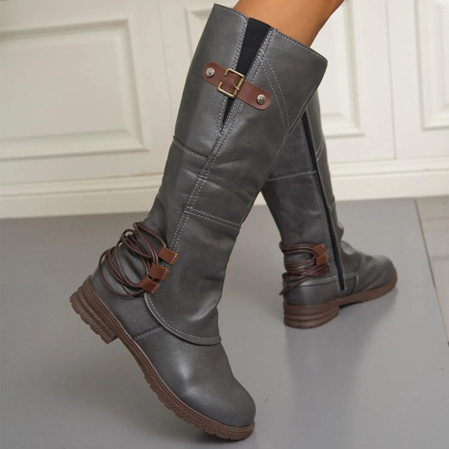 Women's Hand Stitching Wide Mid Calf Boots,Fashion Ruched Side Zip Metal Buckles Winter Boots Low Chunky Heel Combat Riding Long Boots Knee High Western Cowgirl Boots