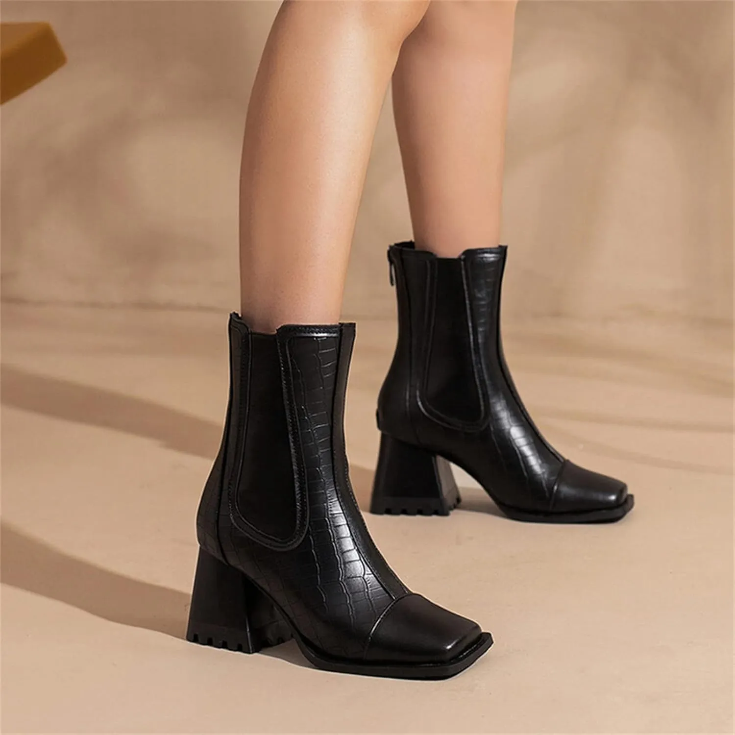 Women's Lace Up Ankle Booties Ladies Fashion Leather Face Square Toe Back Zip Chunky High Light Rain Boots for Women
