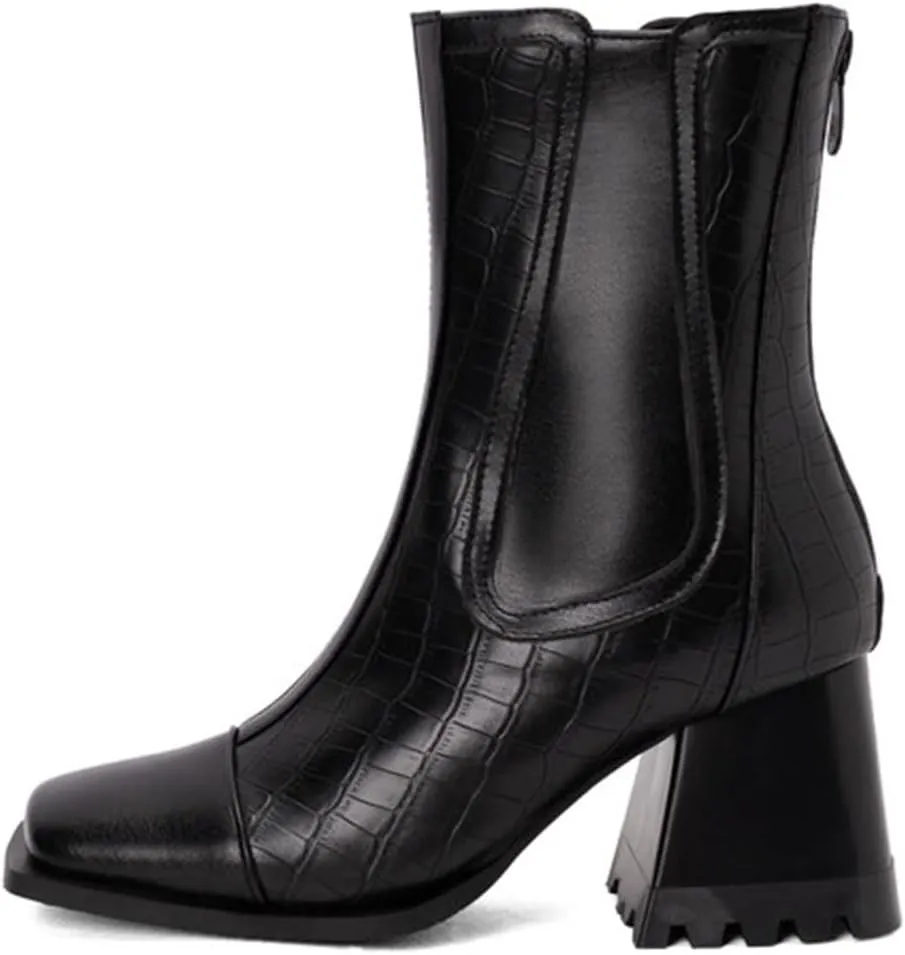 Women's Lace Up Ankle Booties Ladies Fashion Leather Face Square Toe Back Zip Chunky High Light Rain Boots for Women