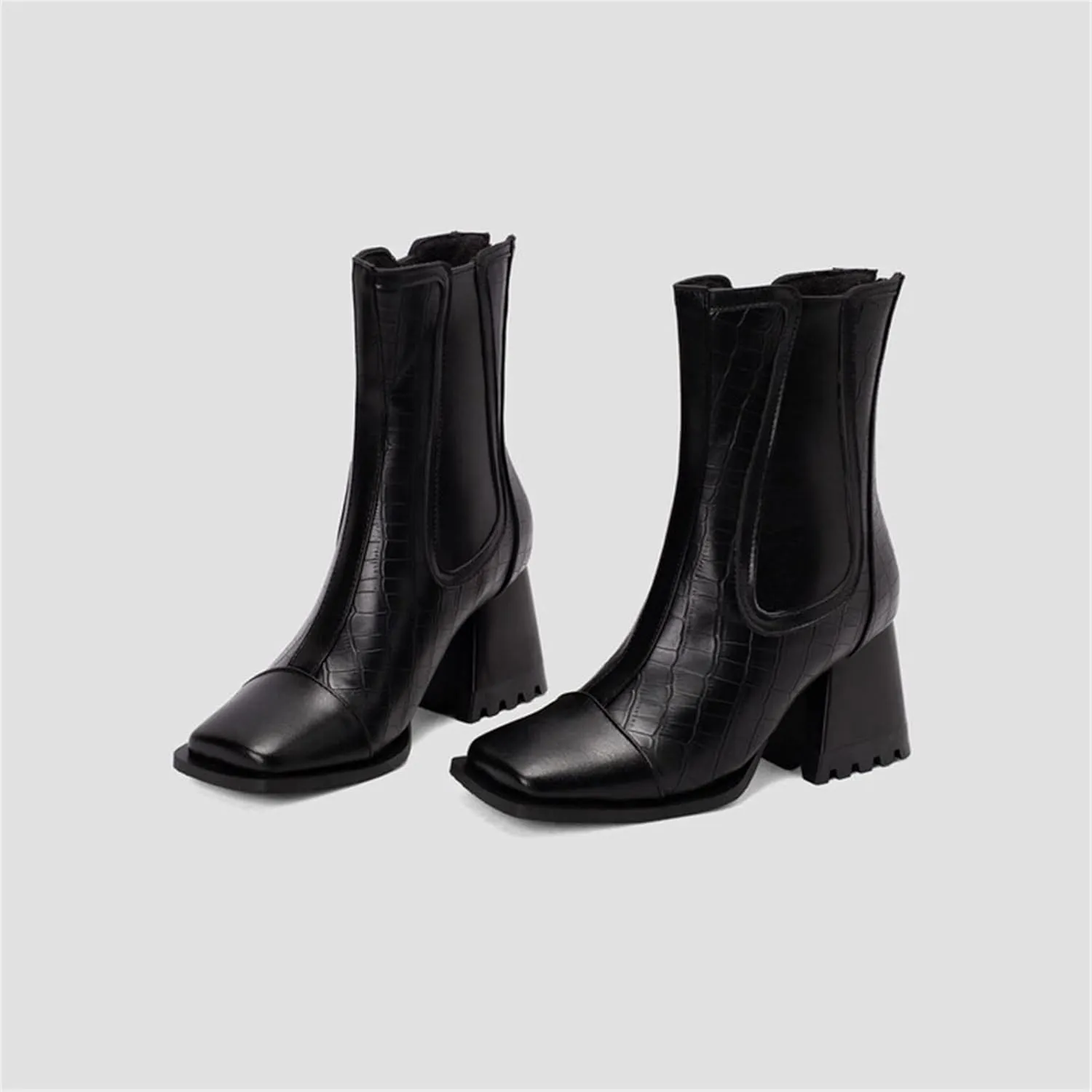 Women's Lace Up Ankle Booties Ladies Fashion Leather Face Square Toe Back Zip Chunky High Light Rain Boots for Women