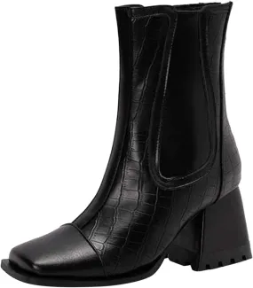 Women's Lace Up Ankle Booties Ladies Fashion Leather Face Square Toe Back Zip Chunky High Light Rain Boots for Women
