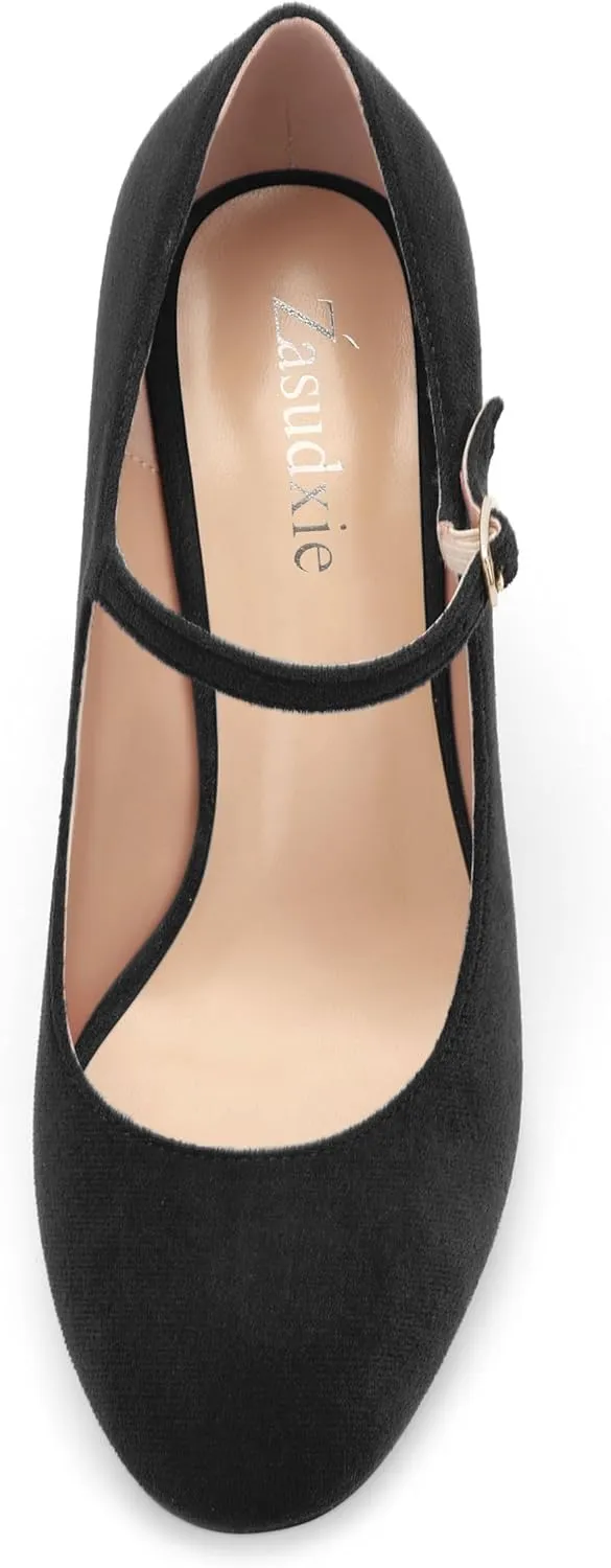 Women's Mary Jane Pumps, Womens Closed Round Toe Block Chunky High Heels Back Strap Party Dress Office High Heel Shoes 3.15 Inch