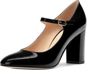 Women's Mary Jane Pumps, Womens Closed Round Toe Block Chunky High Heels Back Strap Party Dress Office High Heel Shoes 3.15 Inch