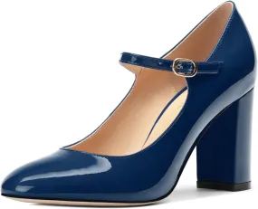Women's Mary Jane Pumps, Womens Closed Round Toe Block Chunky High Heels Back Strap Party Dress Office High Heel Shoes 3.15 Inch