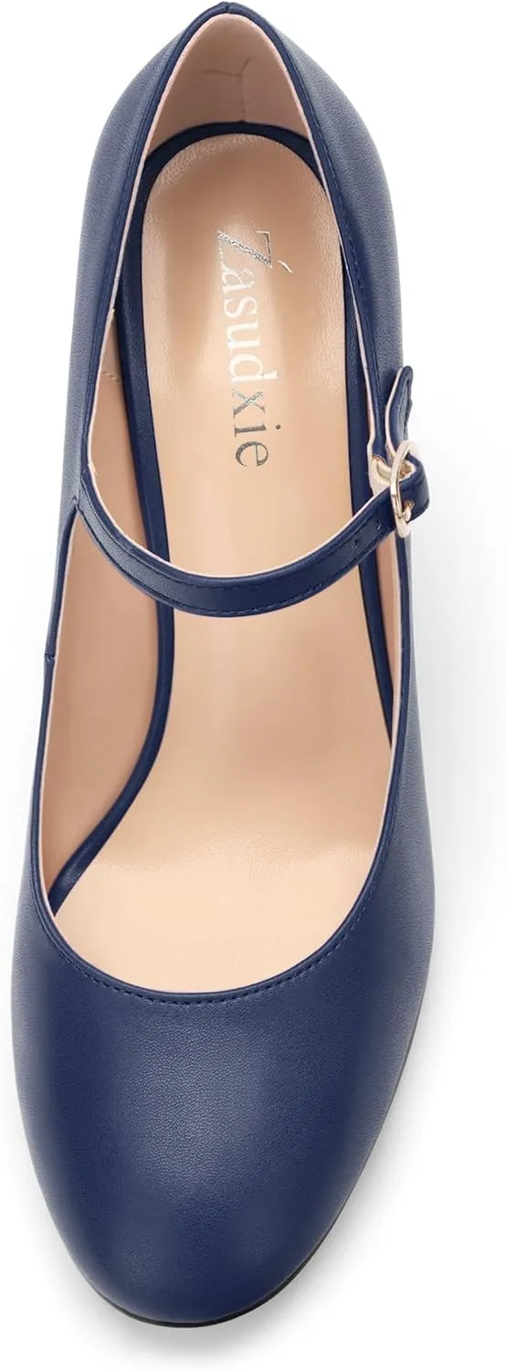 Women's Mary Jane Pumps, Womens Closed Round Toe Block Chunky High Heels Back Strap Party Dress Office High Heel Shoes 3.15 Inch