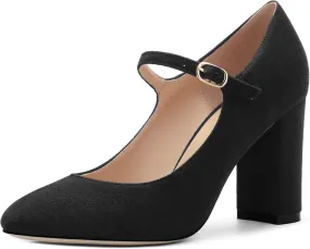 Women's Mary Jane Pumps, Womens Closed Round Toe Block Chunky High Heels Back Strap Party Dress Office High Heel Shoes 3.15 Inch