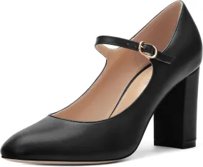 Women's Mary Jane Pumps, Womens Closed Round Toe Block Chunky High Heels Back Strap Party Dress Office High Heel Shoes 3.15 Inch
