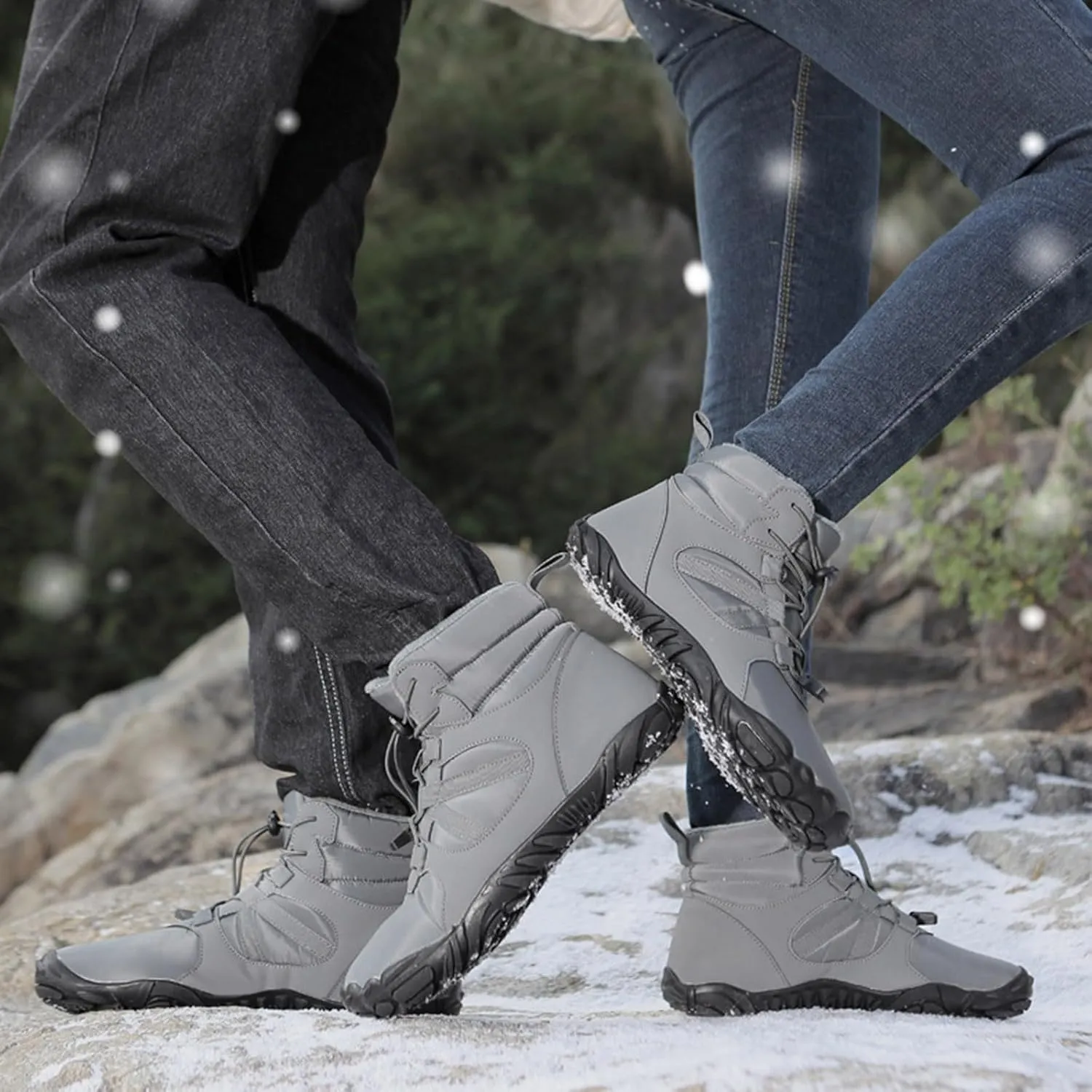 Womens Mens Snow Boots Warm Fur Lined Casual Winter Hiking Boots Anti-Slip Women Men Winter Boots Waterproof Backpacking Boots Outdoor Walking Shoes For Ladies Ankle Boots with Drawstring