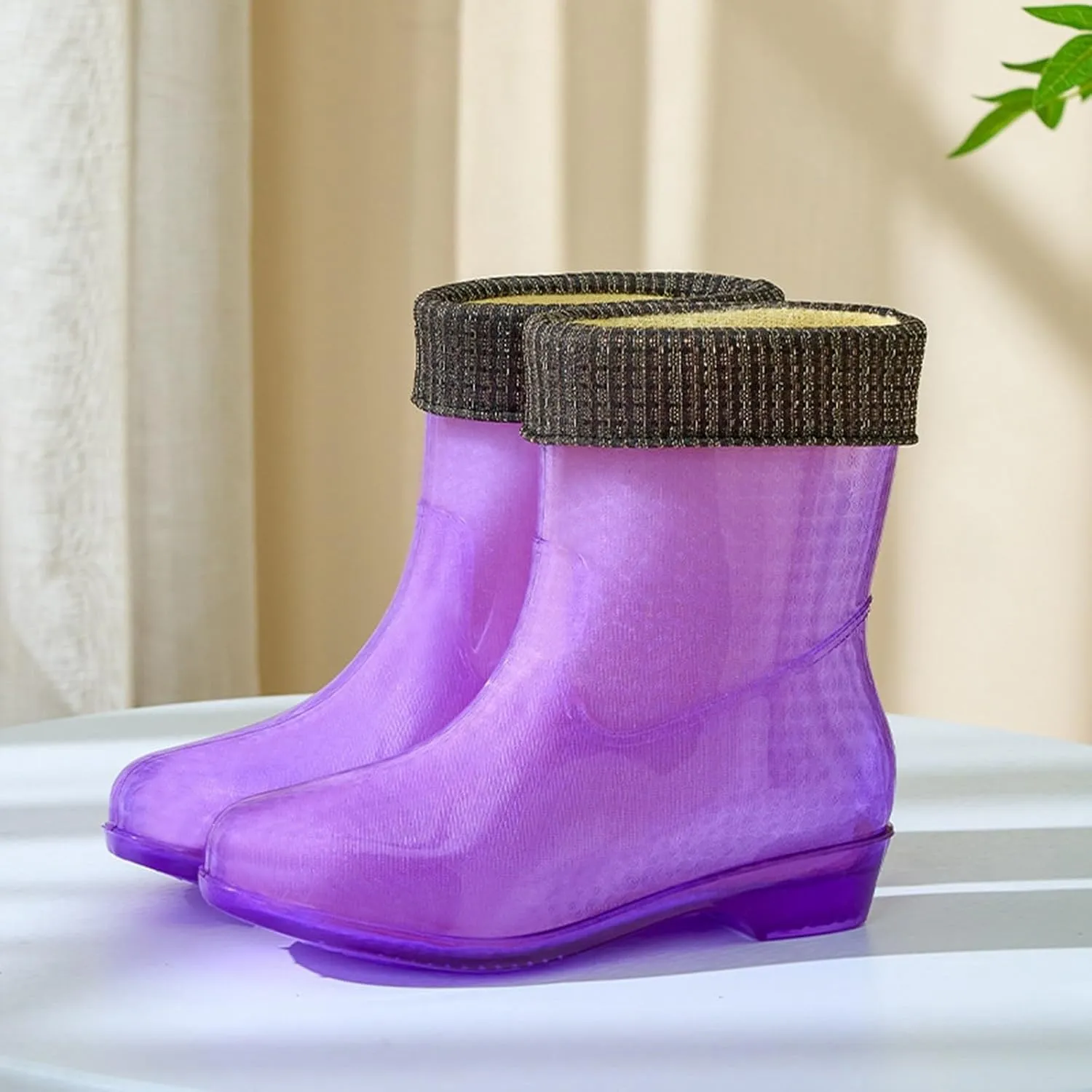 Women's Mid Calf Rain Boots Fashionable Slip Durable Jelly Shoes with Fleece for Warmth Fuzzy Rain Boot
