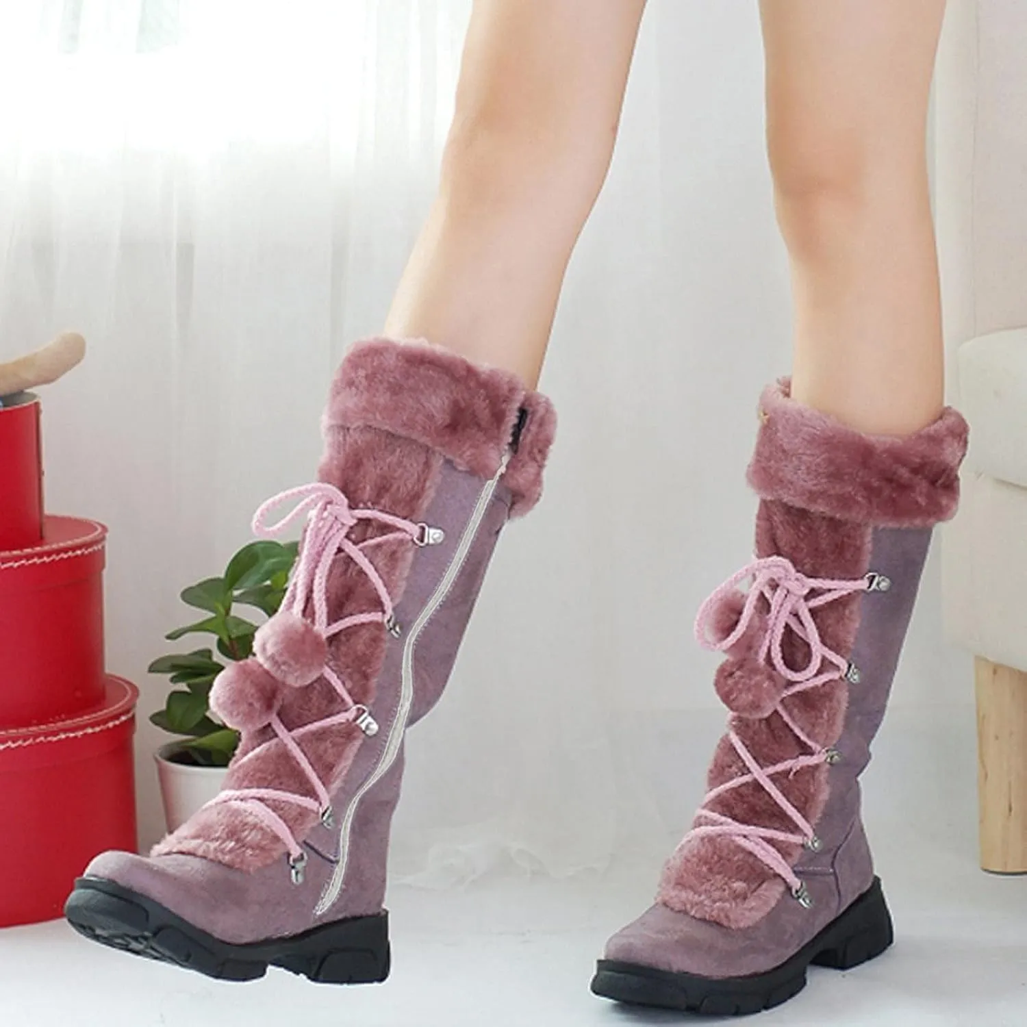Women's Mid-Calf Winter Snow Boots,Faux Fur Waterproof Knee High Booties Ladies Comfortable Long Tall Boots Anti-Slip Outdoor Shoes Suede Round Toe Chunky Heel Side Zipper Dressy Booties