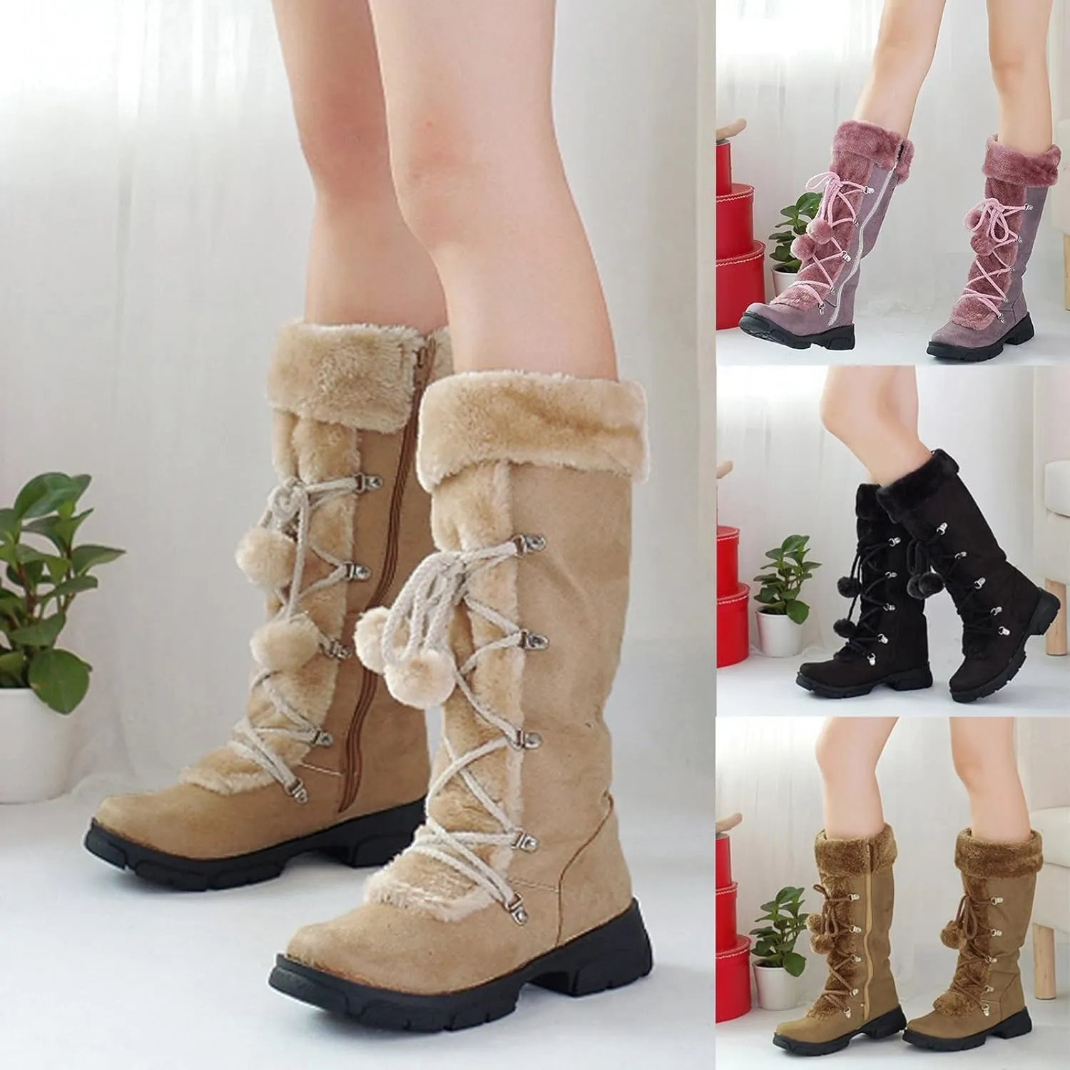 Women's Mid-Calf Winter Snow Boots,Faux Fur Waterproof Knee High Booties Ladies Comfortable Long Tall Boots Anti-Slip Outdoor Shoes Suede Round Toe Chunky Heel Side Zipper Dressy Booties