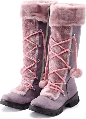 Women's Mid-Calf Winter Snow Boots,Faux Fur Waterproof Knee High Booties Ladies Comfortable Long Tall Boots Anti-Slip Outdoor Shoes Suede Round Toe Chunky Heel Side Zipper Dressy Booties