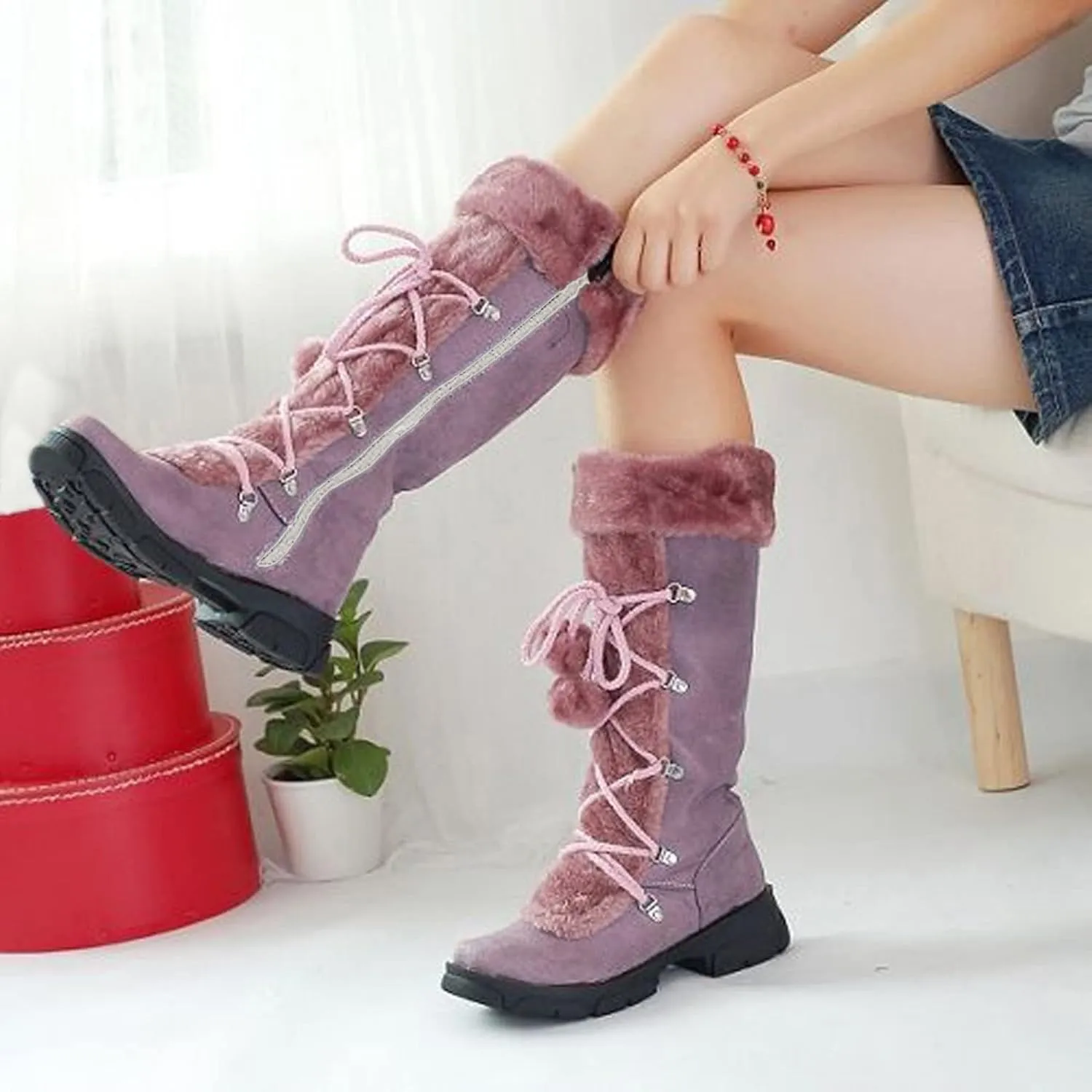 Women's Mid-Calf Winter Snow Boots,Faux Fur Waterproof Knee High Booties Ladies Comfortable Long Tall Boots Anti-Slip Outdoor Shoes Suede Round Toe Chunky Heel Side Zipper Dressy Booties