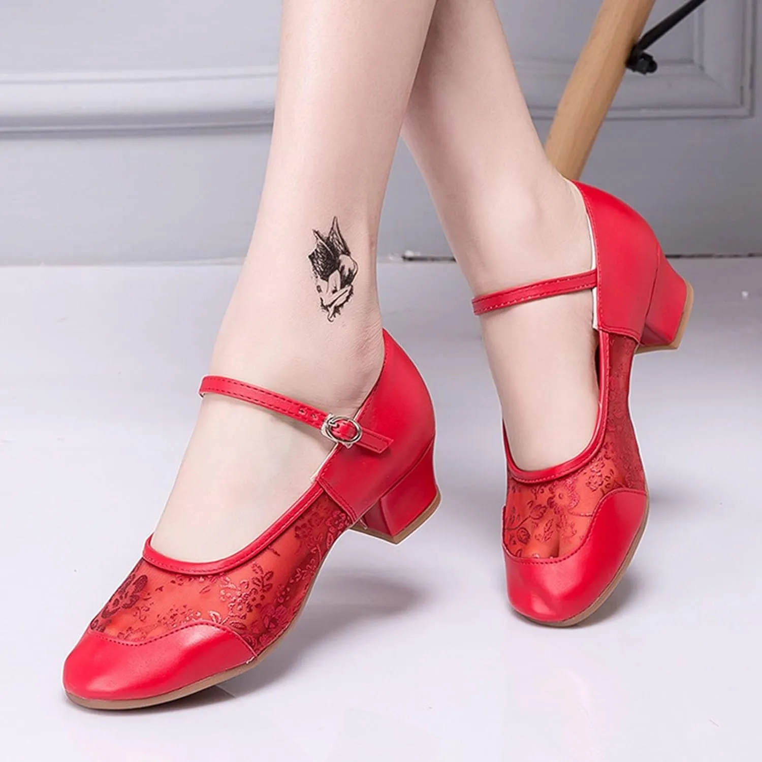 Women's Middle Heel Mesh Latin Dance Shoes Single Shoe Women's Low Chunky Block Heels Heeled Knee High Thick Heel Boots