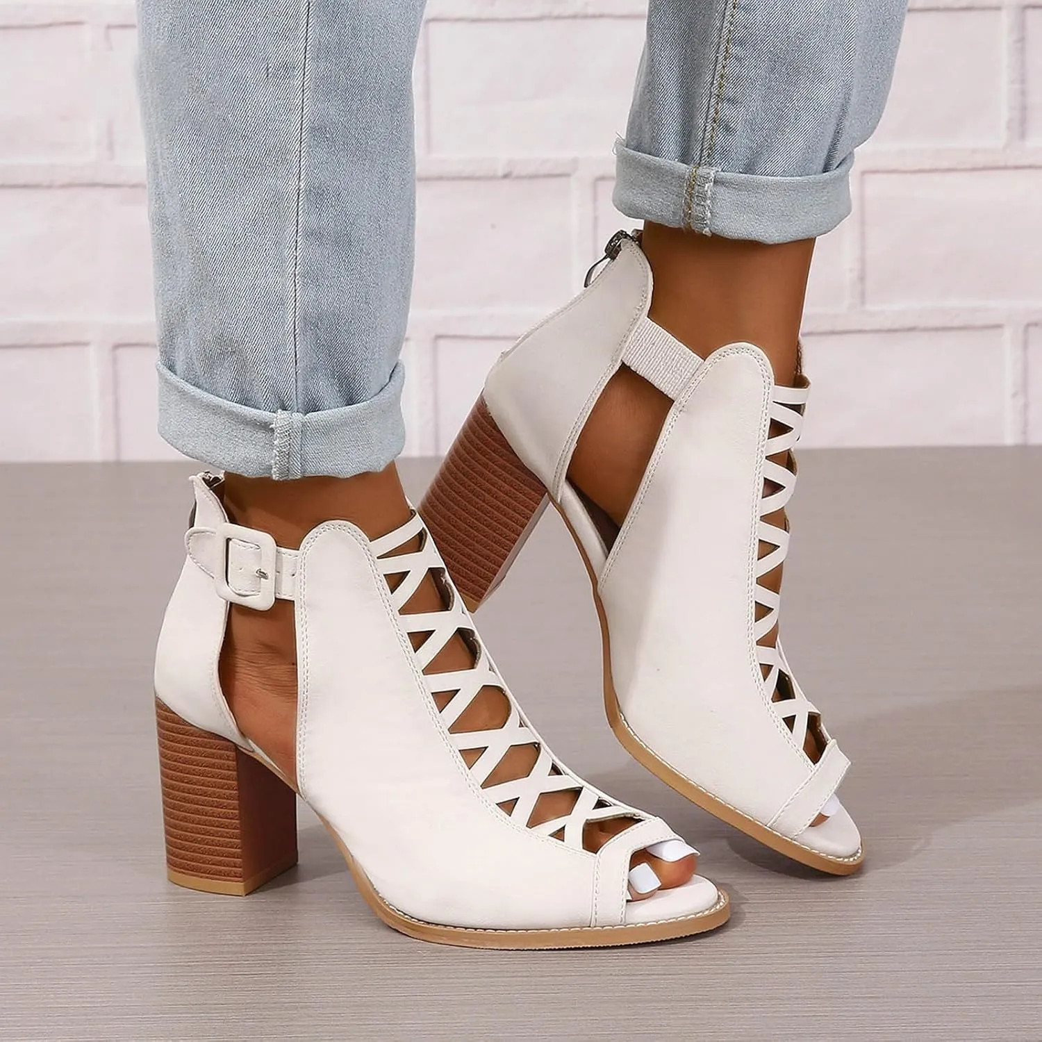 Women's Open Toe Booties with Block Heel and Side Comfortable and Stylish Cut Out Design Chunky Women Platform Heels