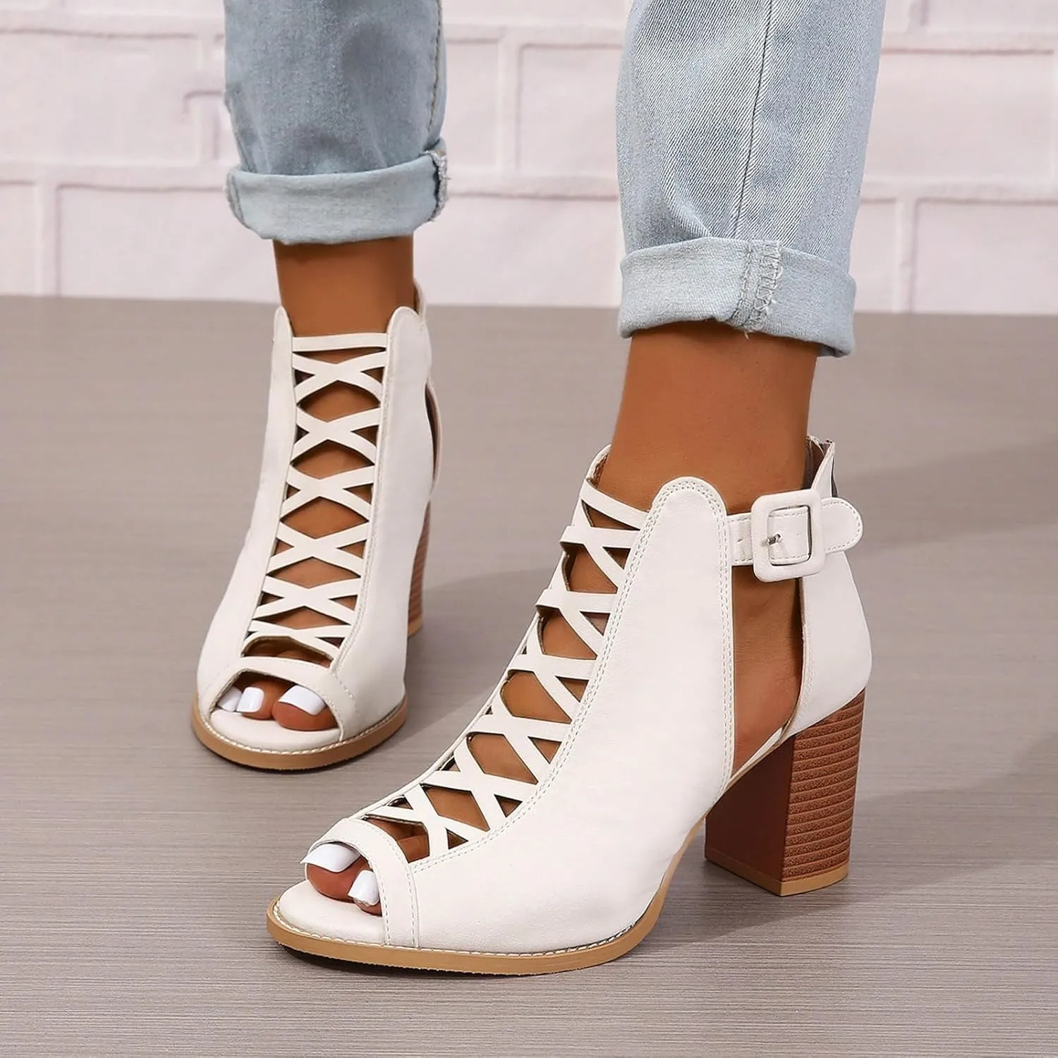Women's Open Toe Booties with Block Heel and Side Comfortable and Stylish Cut Out Design Chunky Women Platform Heels