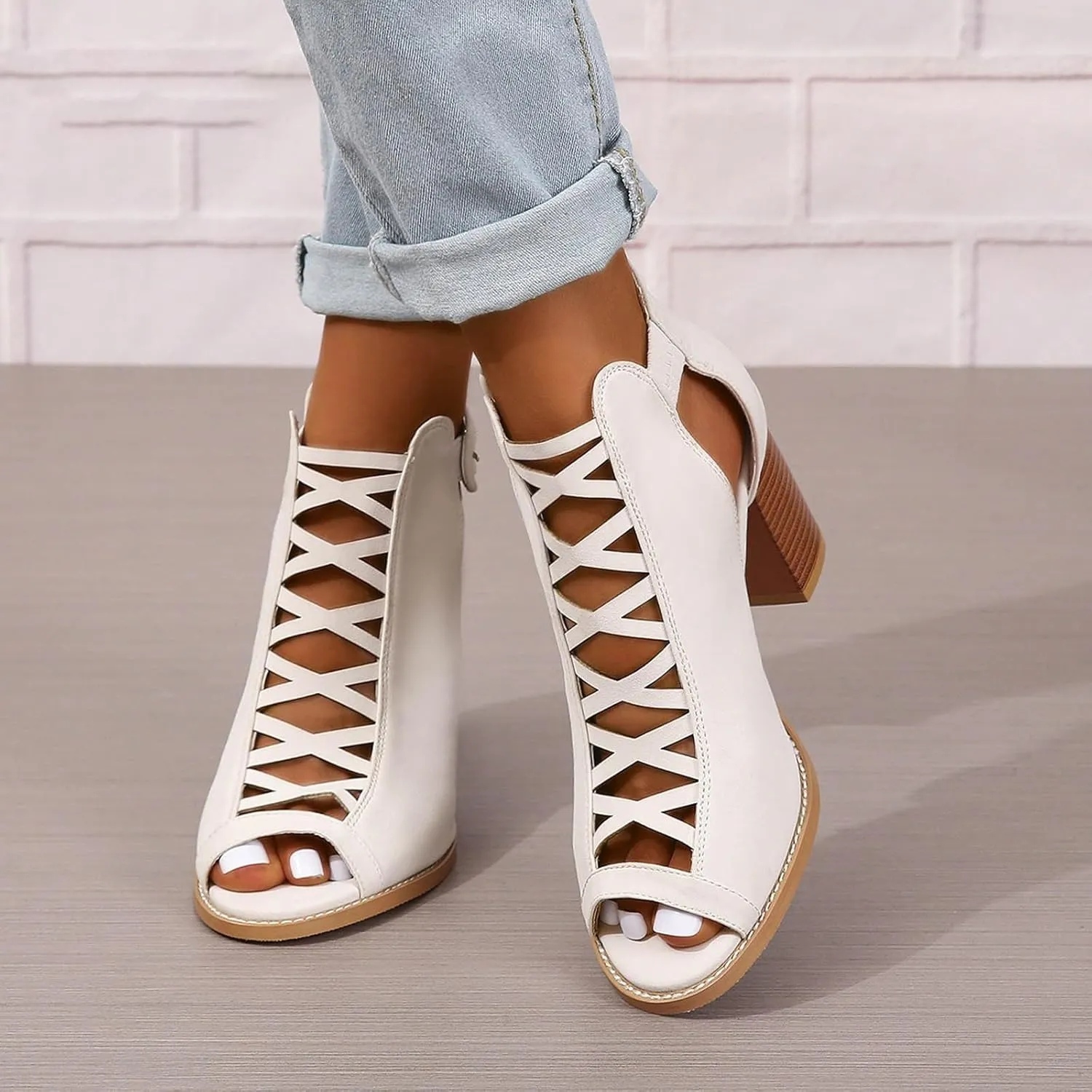 Women's Open Toe Booties with Block Heel and Side Comfortable and Stylish Cut Out Design Chunky Women Platform Heels