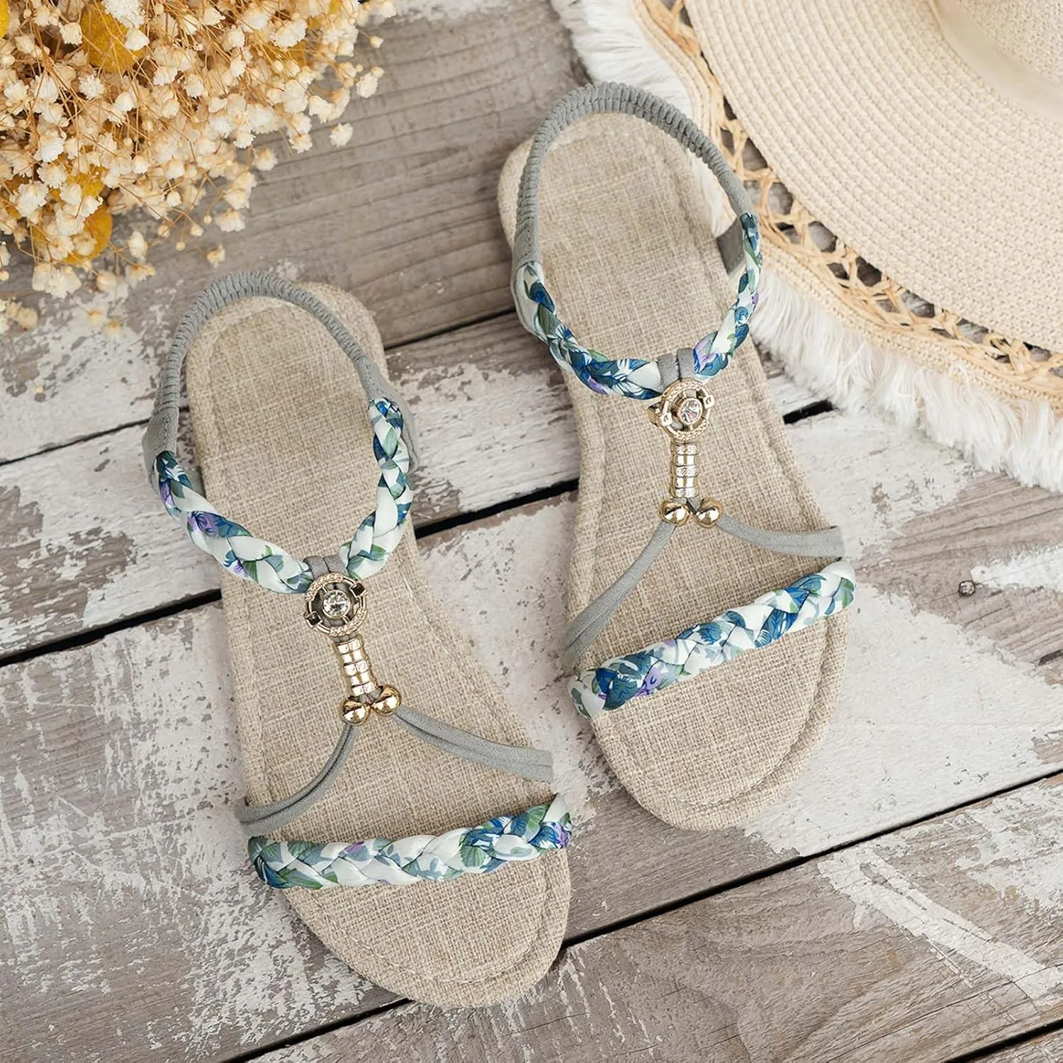 Womens Open Toe Espadrilles Bohemian Women's Braided Hollow Shoes Thin Bottom Rhinestone Fish Mouth Outdoor Sandals