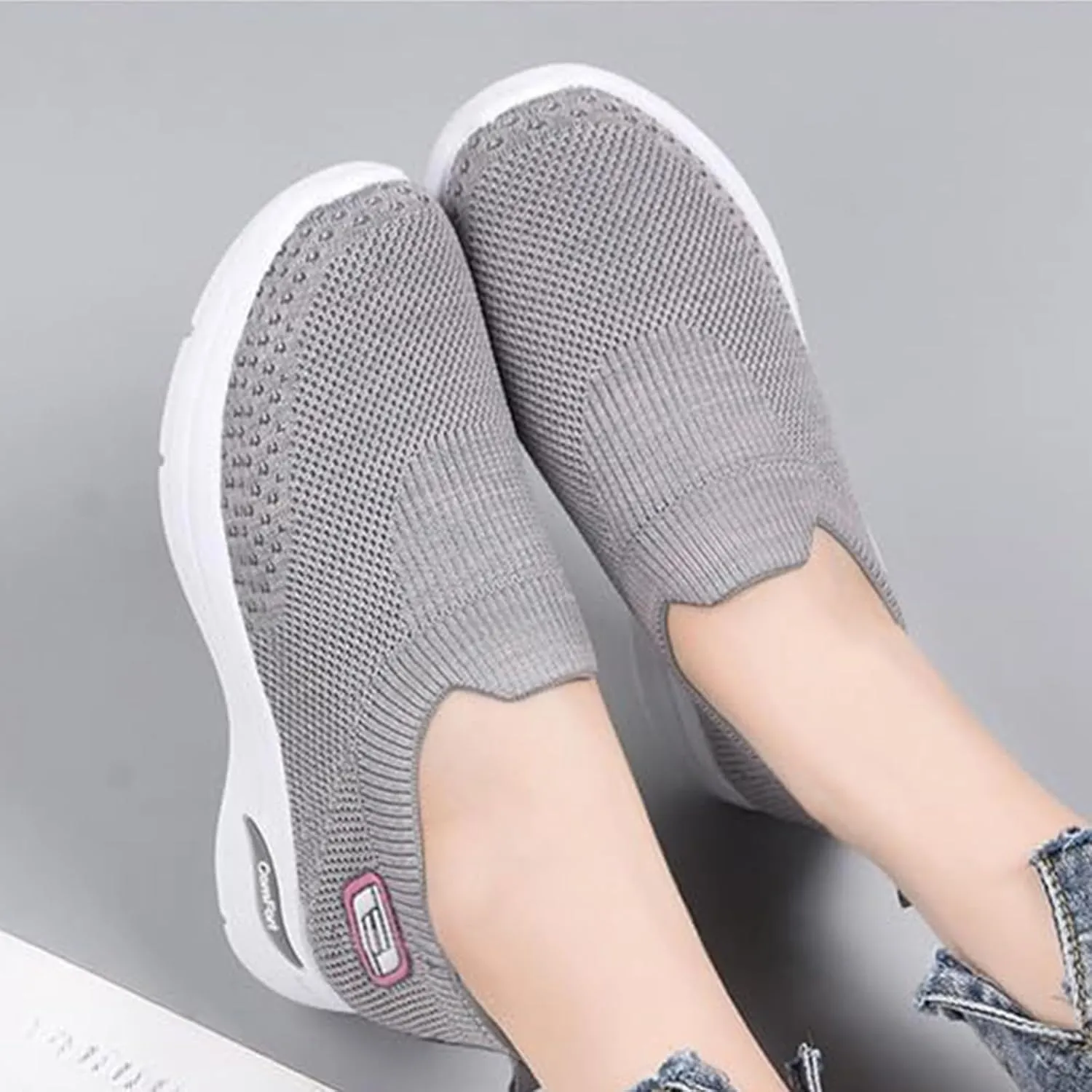 Womens Orthopedic Sneakers Breathable with Arch Support Wide Width Soft Sole Arch Support Slip on Mesh Woven Low Top Work Walking Shoes Lightweight Non-Slip Nurse Shoes