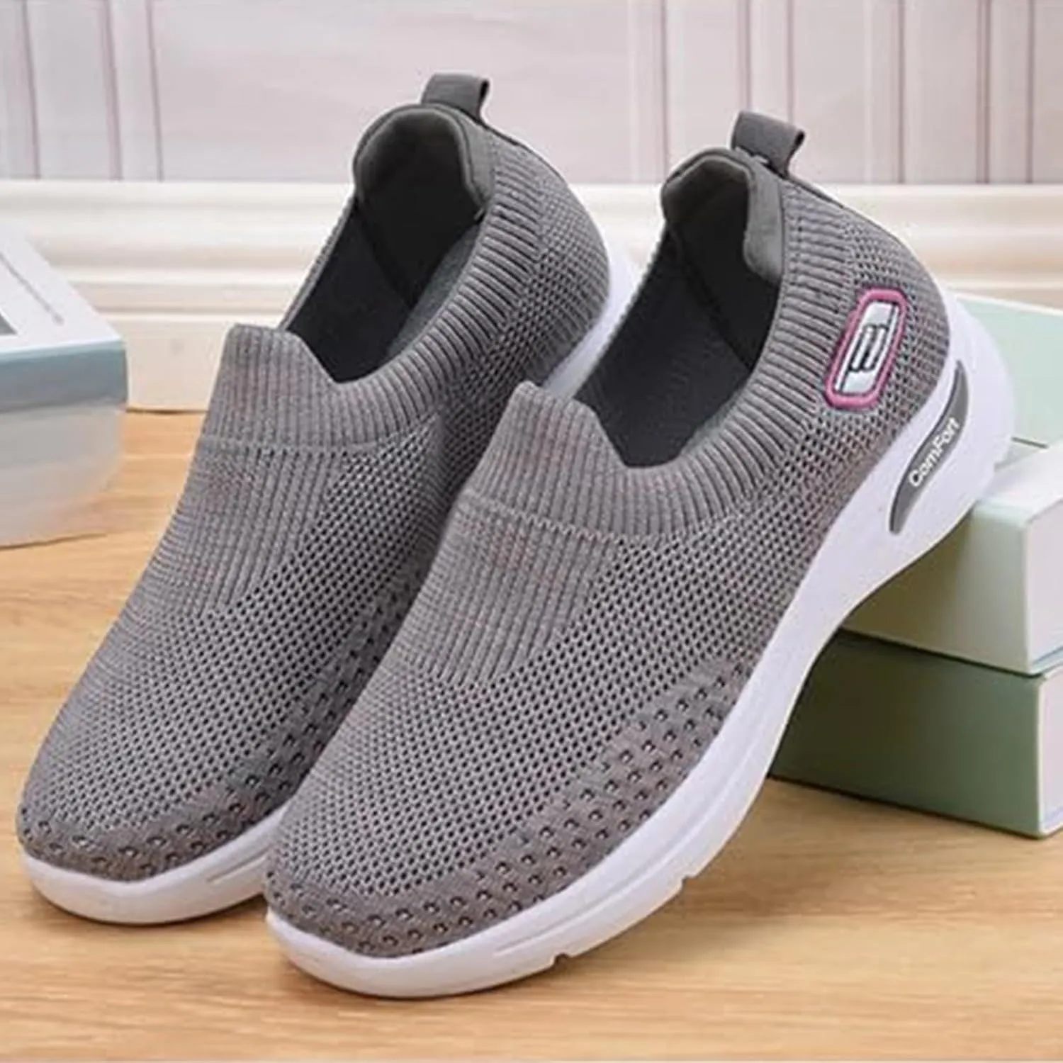 Womens Orthopedic Sneakers Breathable with Arch Support Wide Width Soft Sole Arch Support Slip on Mesh Woven Low Top Work Walking Shoes Lightweight Non-Slip Nurse Shoes