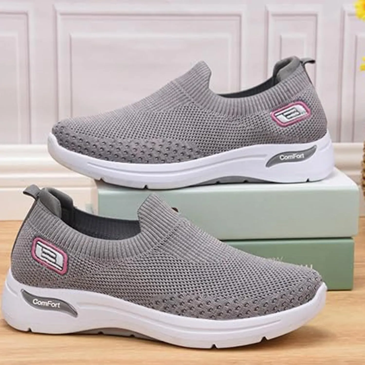 Womens Orthopedic Sneakers Breathable with Arch Support Wide Width Soft Sole Arch Support Slip on Mesh Woven Low Top Work Walking Shoes Lightweight Non-Slip Nurse Shoes