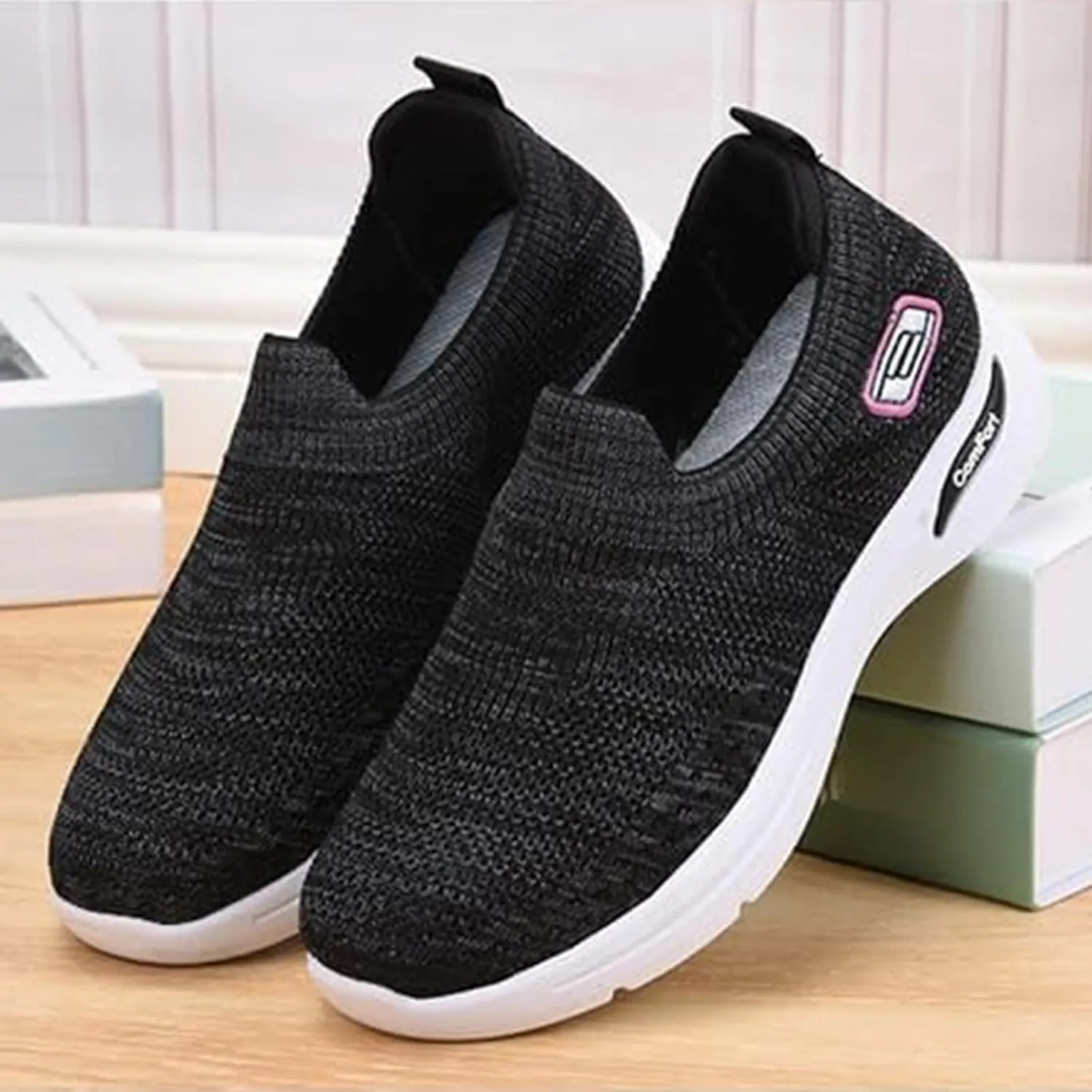 Womens Orthopedic Sneakers Breathable with Arch Support Wide Width Soft Sole Arch Support Slip on Mesh Woven Low Top Work Walking Shoes Lightweight Non-Slip Nurse Shoes