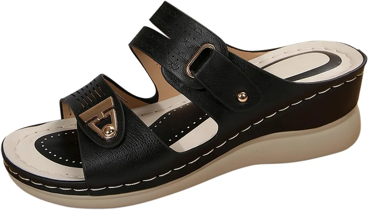 Women's Platform & Wedge Sandals Arch Support Slides Two Strap Slip on Orthopedic Sandals, Open Toe Hollow Out Metal Decoration Buckle Sandal Platform Walking Shoes
