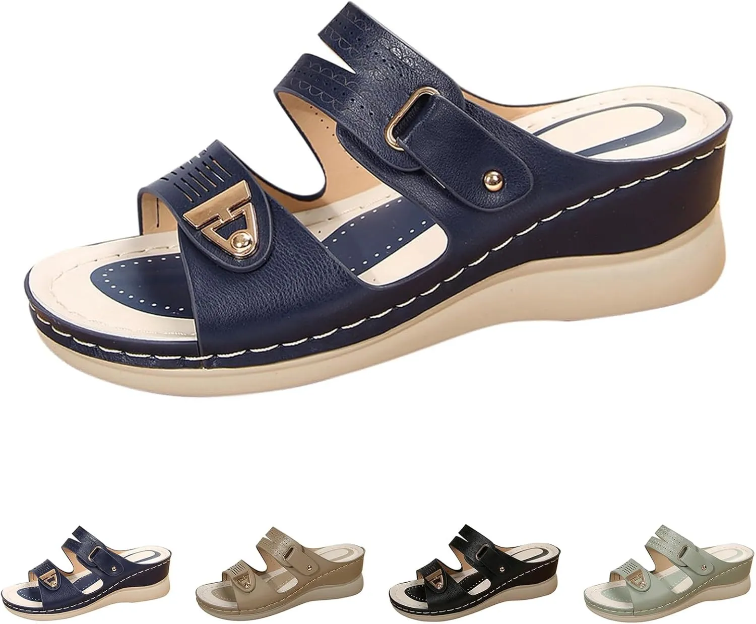 Women's Platform & Wedge Sandals Arch Support Slides Two Strap Slip on Orthopedic Sandals, Open Toe Hollow Out Metal Decoration Buckle Sandal Platform Walking Shoes