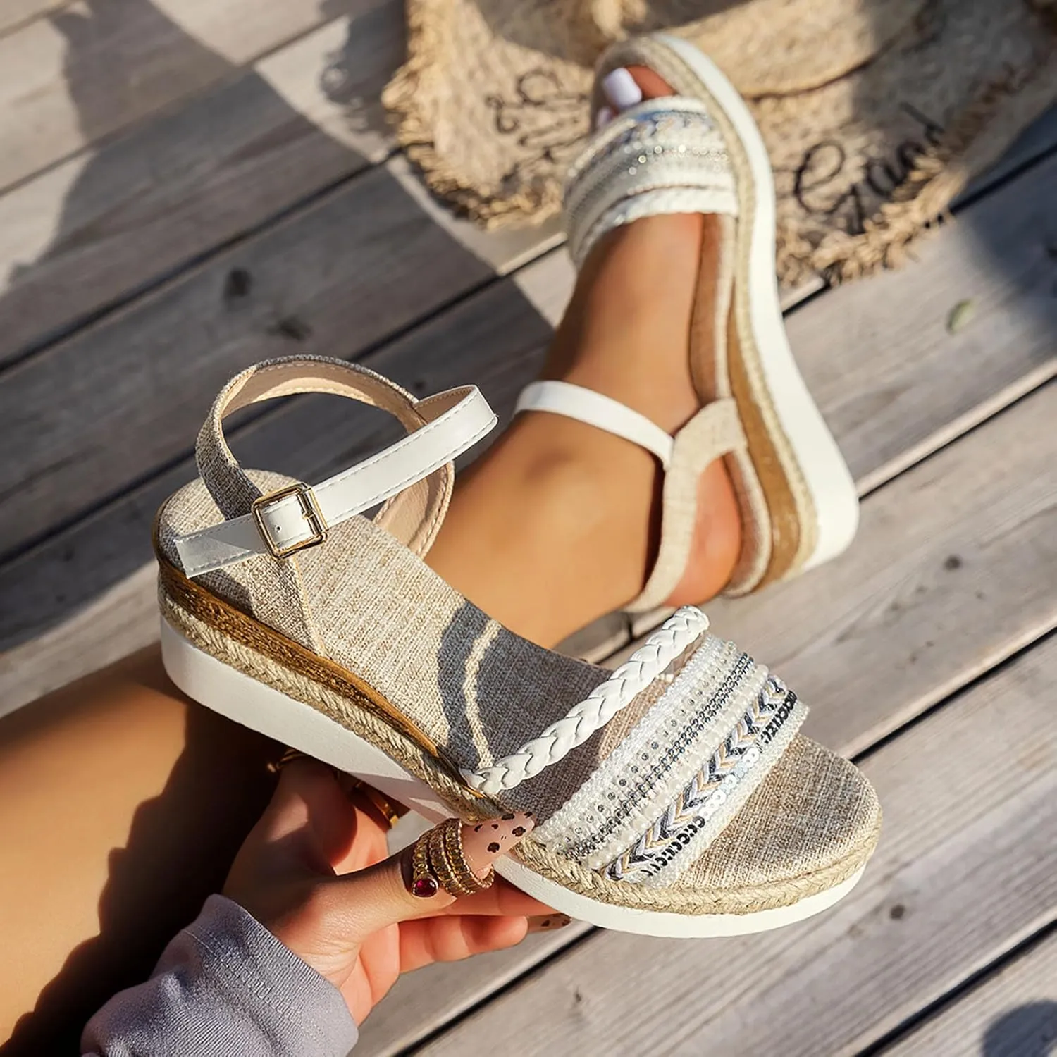 Women's Platform Espadrilles Bohemian Rhinestone Sandals For Women Fashion Wedge Heel Thick Sole Heightening Women's
