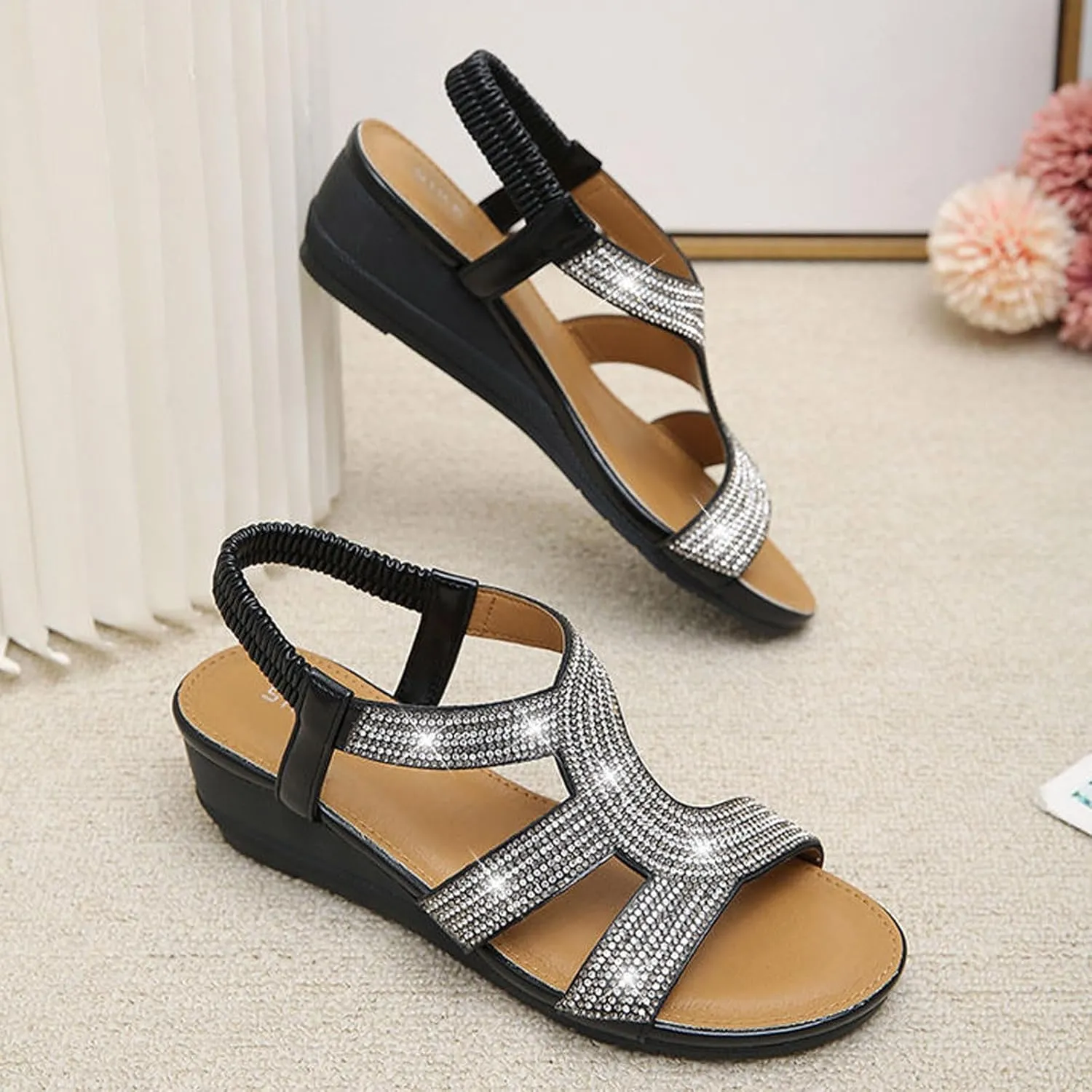 Womens Platform Sandals Elastic Ankle Strap Open Toe Flower Shoes Summer Platform Comfortable Low Wedges Womens Sandal
