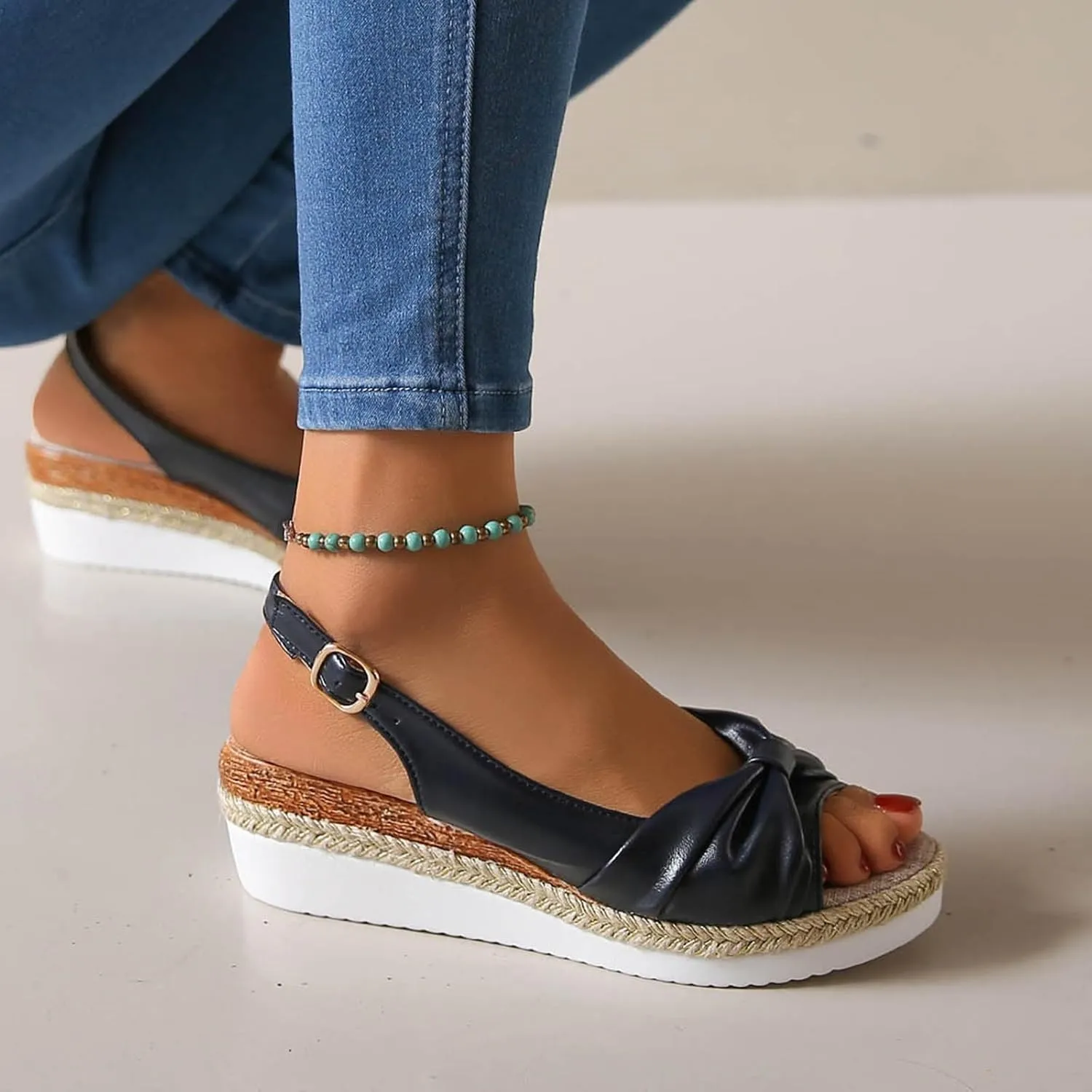 Womens Platform Sandals Elastic Ankle Strap Open Toe Flower Shoes Women's Classic Wedge Heels Sandals