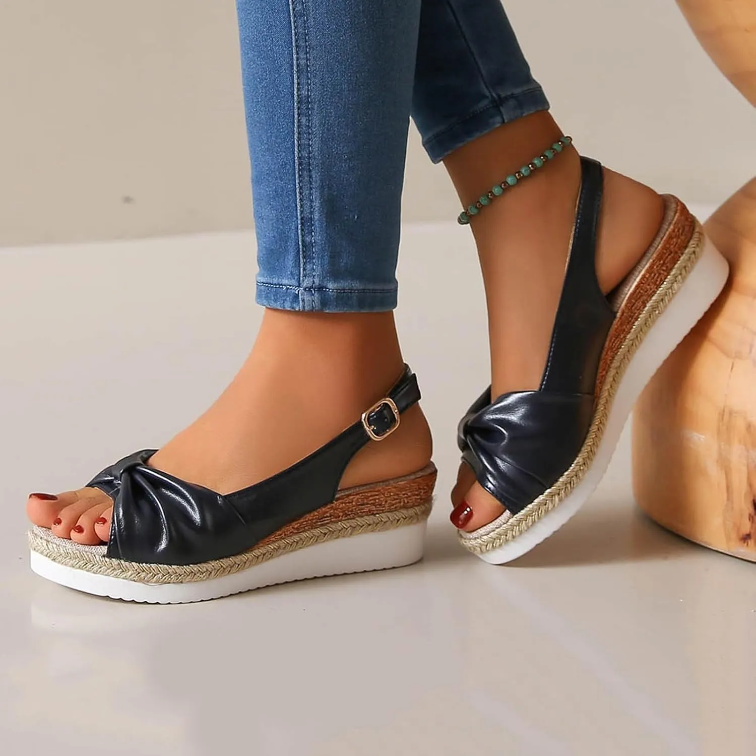 Womens Platform Sandals Elastic Ankle Strap Open Toe Flower Shoes Women's Classic Wedge Heels Sandals
