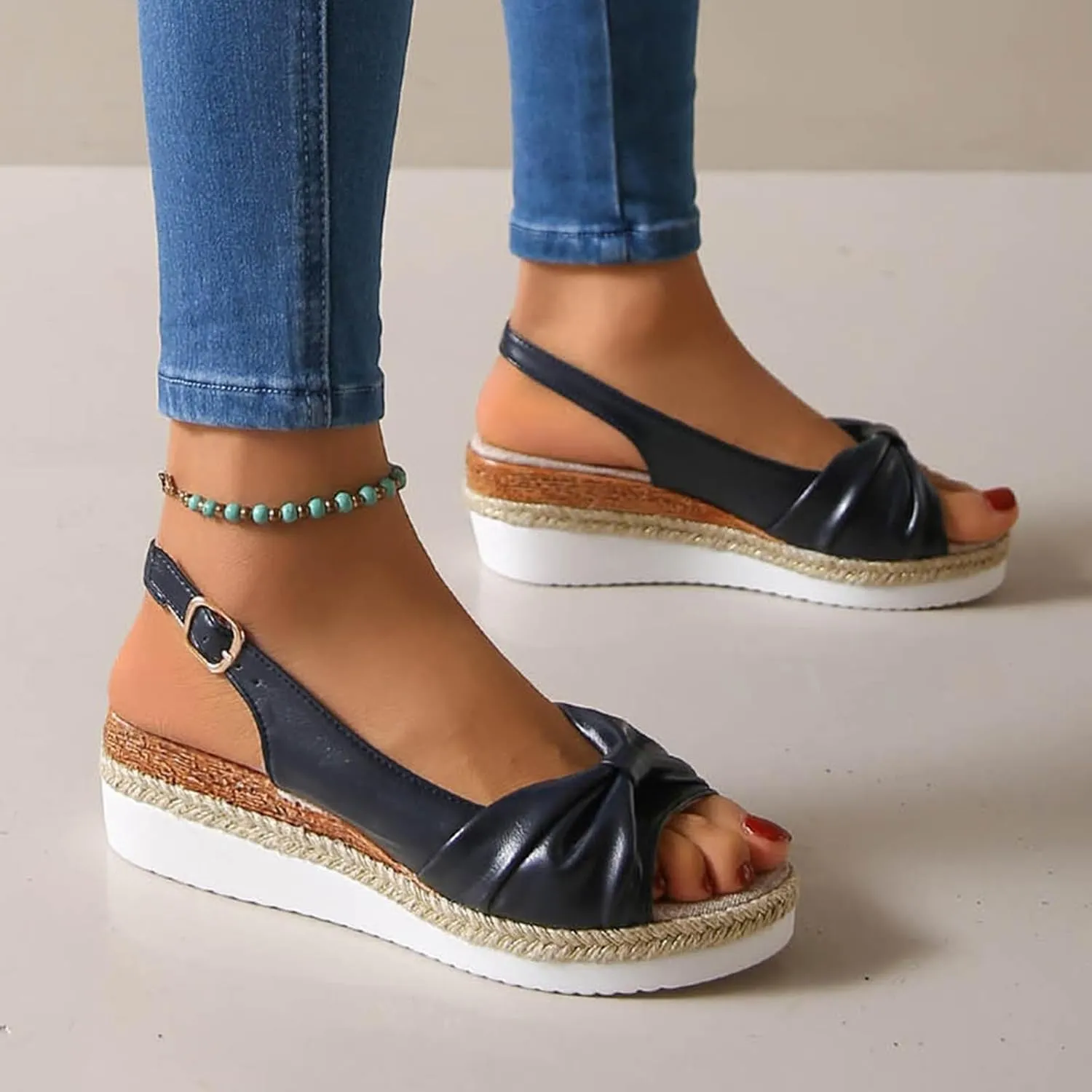 Womens Platform Sandals Elastic Ankle Strap Open Toe Flower Shoes Women's Classic Wedge Heels Sandals