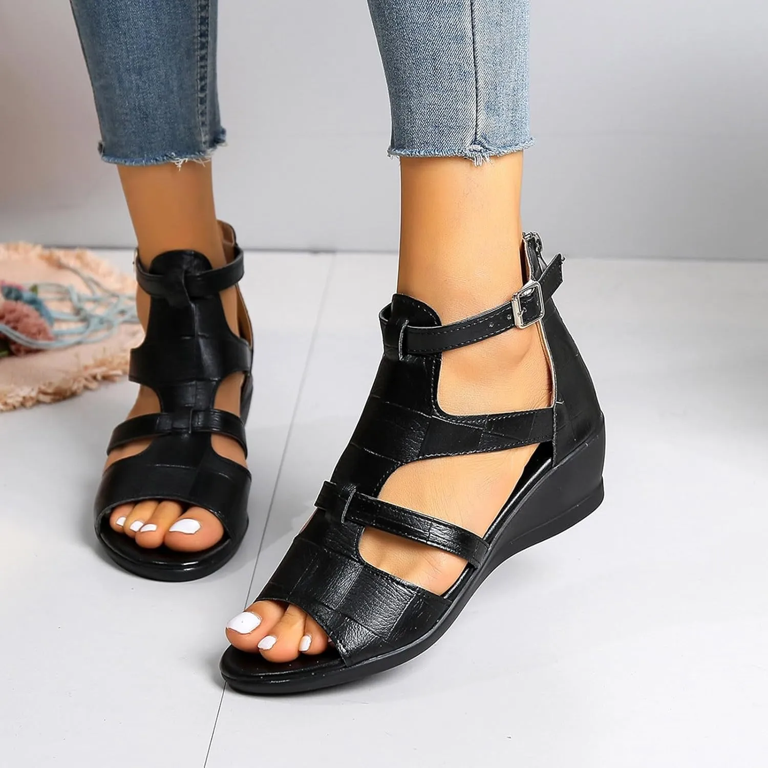 Womens Platform Sandals Elastic Ankle Strap Open Toe Flower Shoes Womens Low Wedges Platform Sandals