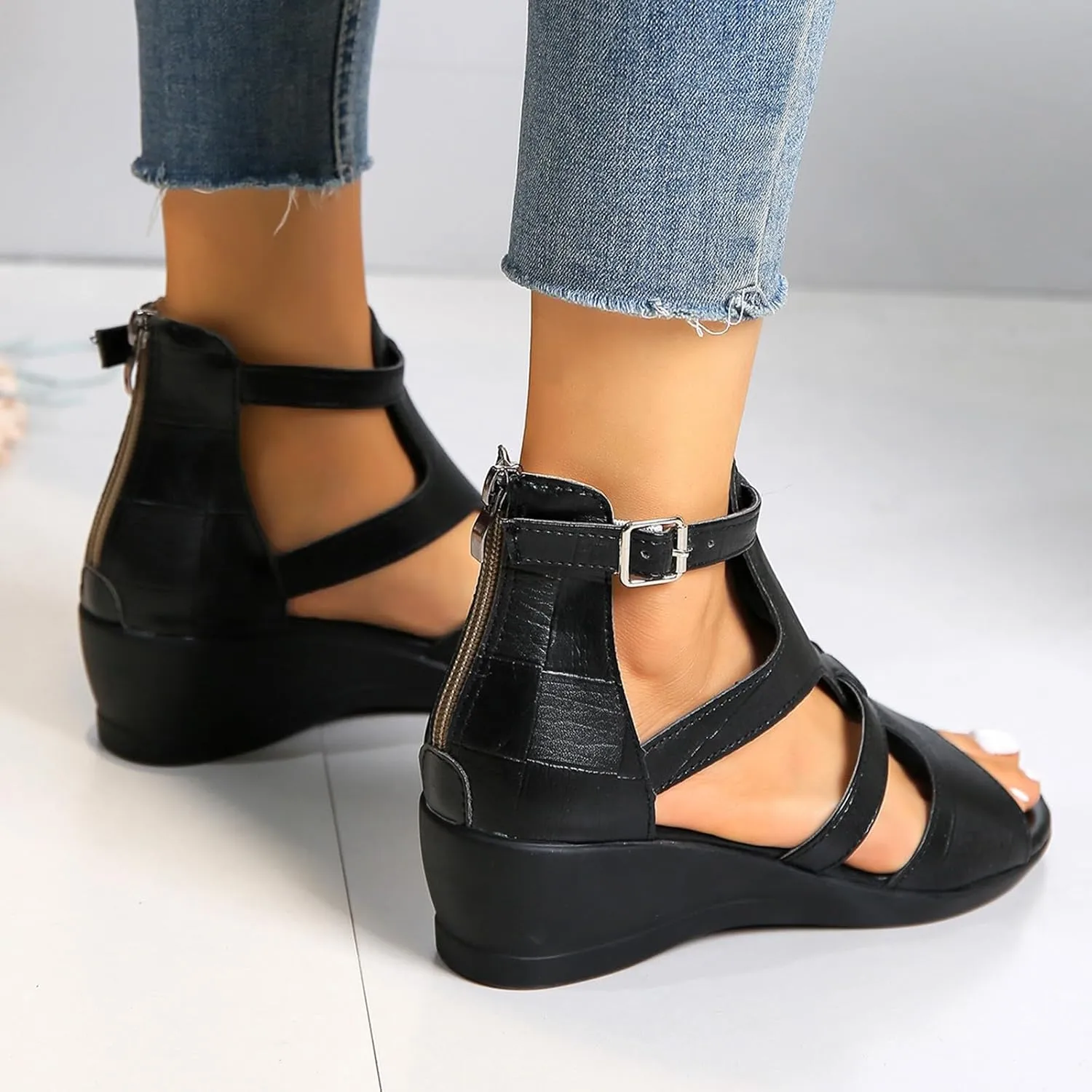Womens Platform Sandals Elastic Ankle Strap Open Toe Flower Shoes Womens Low Wedges Platform Sandals