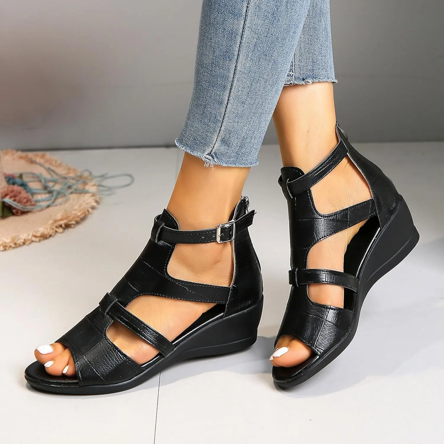 Womens Platform Sandals Elastic Ankle Strap Open Toe Flower Shoes Womens Low Wedges Platform Sandals