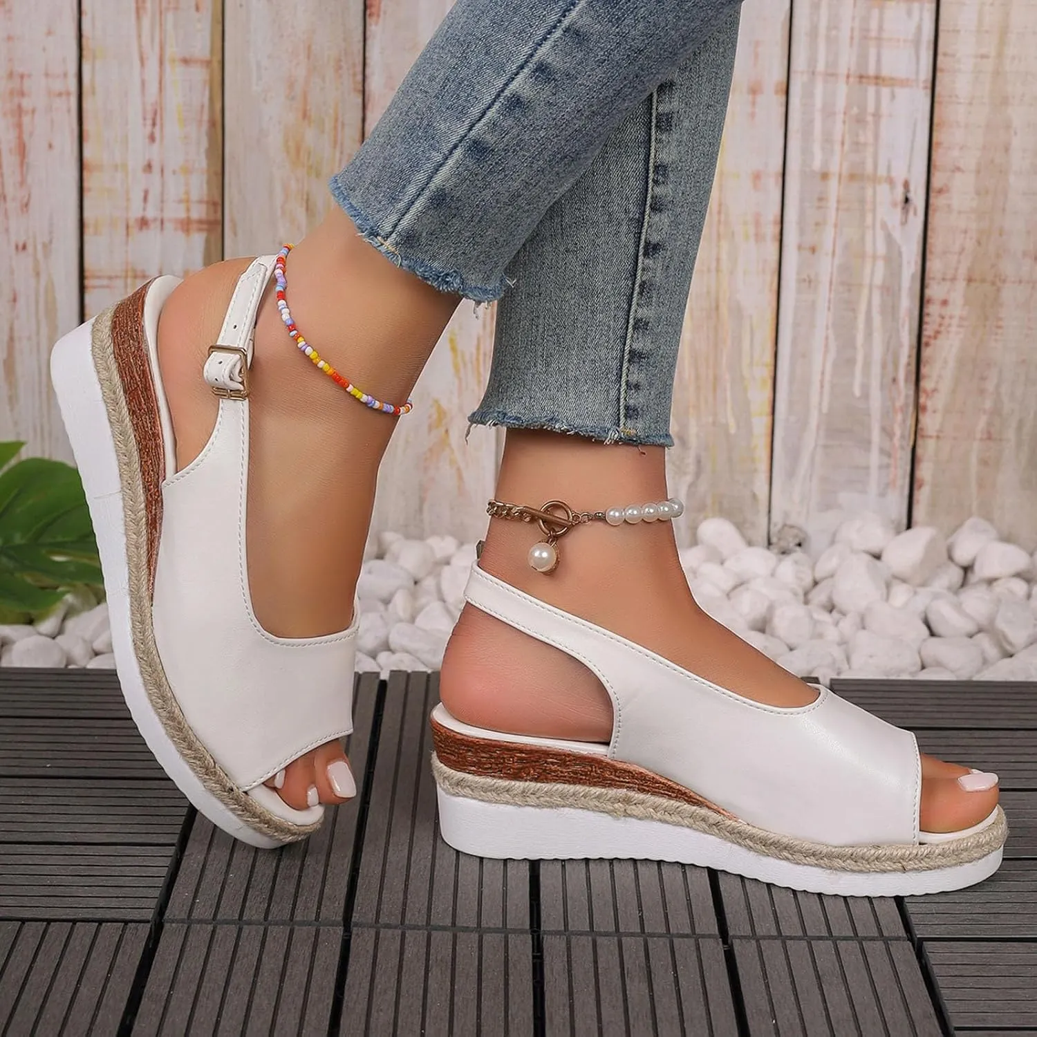 Womens Platform Sandals Elastic Ankle Strap Rhinestone Platform Sandals for Women Wedge Sandals for Women
