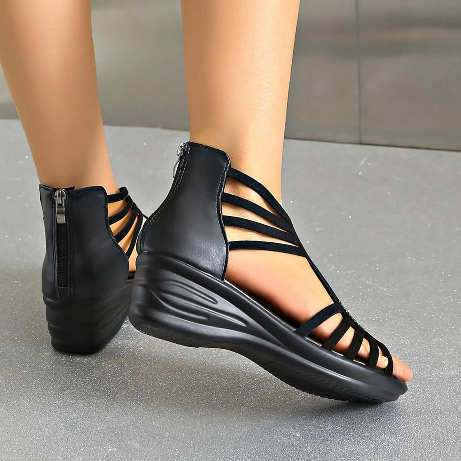 Women's Platform Sandals Wedge Slope Heel Comfortable Sandals Women Middle Heel Fish Mouth Rhinestone Hollow Out Back