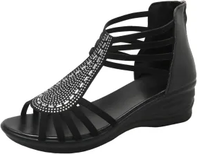 Women's Platform Sandals Wedge Slope Heel Comfortable Sandals Women Middle Heel Fish Mouth Rhinestone Hollow Out Back