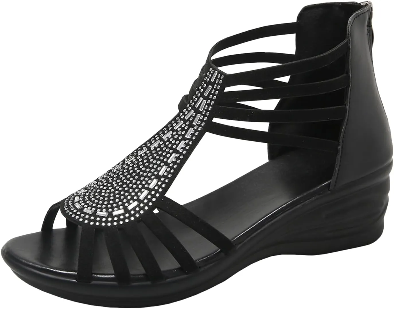 Women's Platform Sandals Wedge Slope Heel Comfortable Sandals Women Middle Heel Fish Mouth Rhinestone Hollow Out Back
