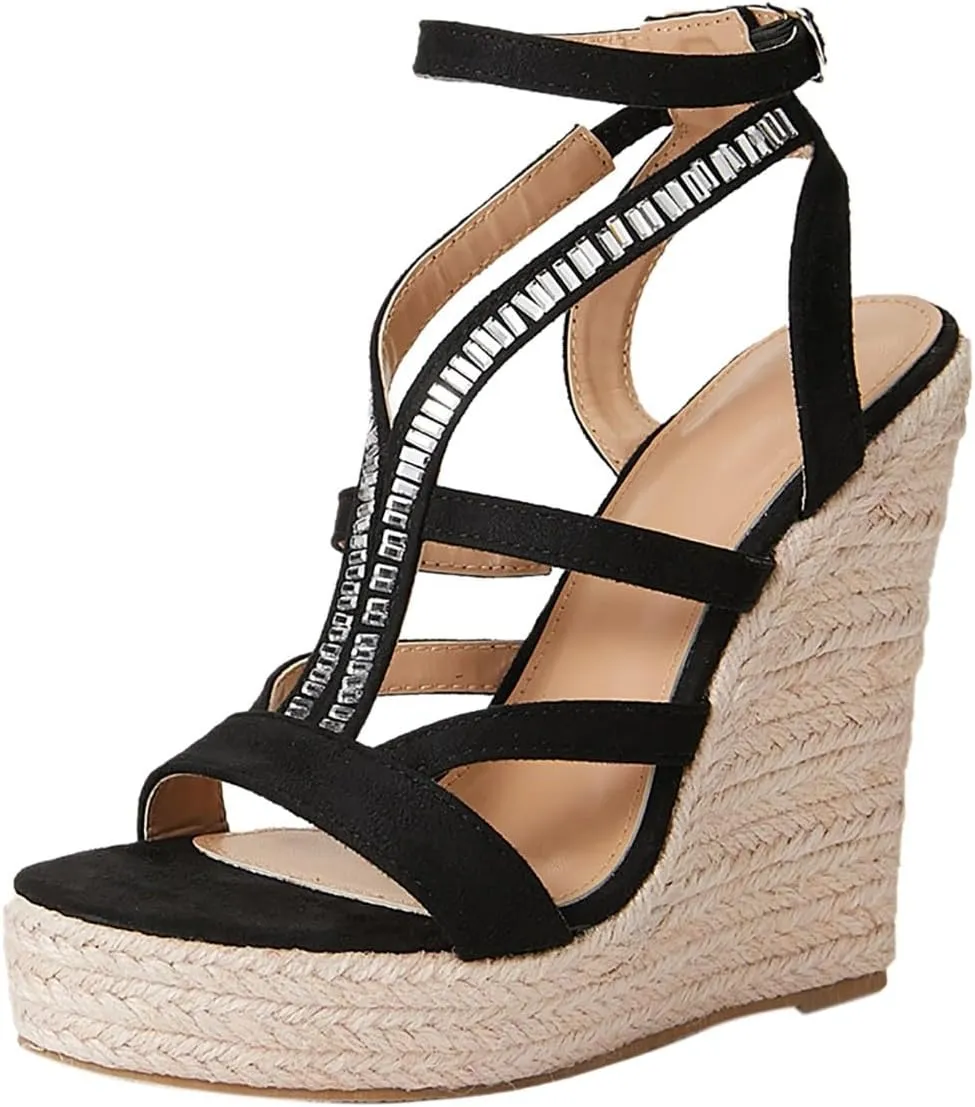 Womens Platform Sandals Women's Elastic Ankle Strap Espadrilles Summer Low Wedges Womens Comfortable Open Toe Sandal
