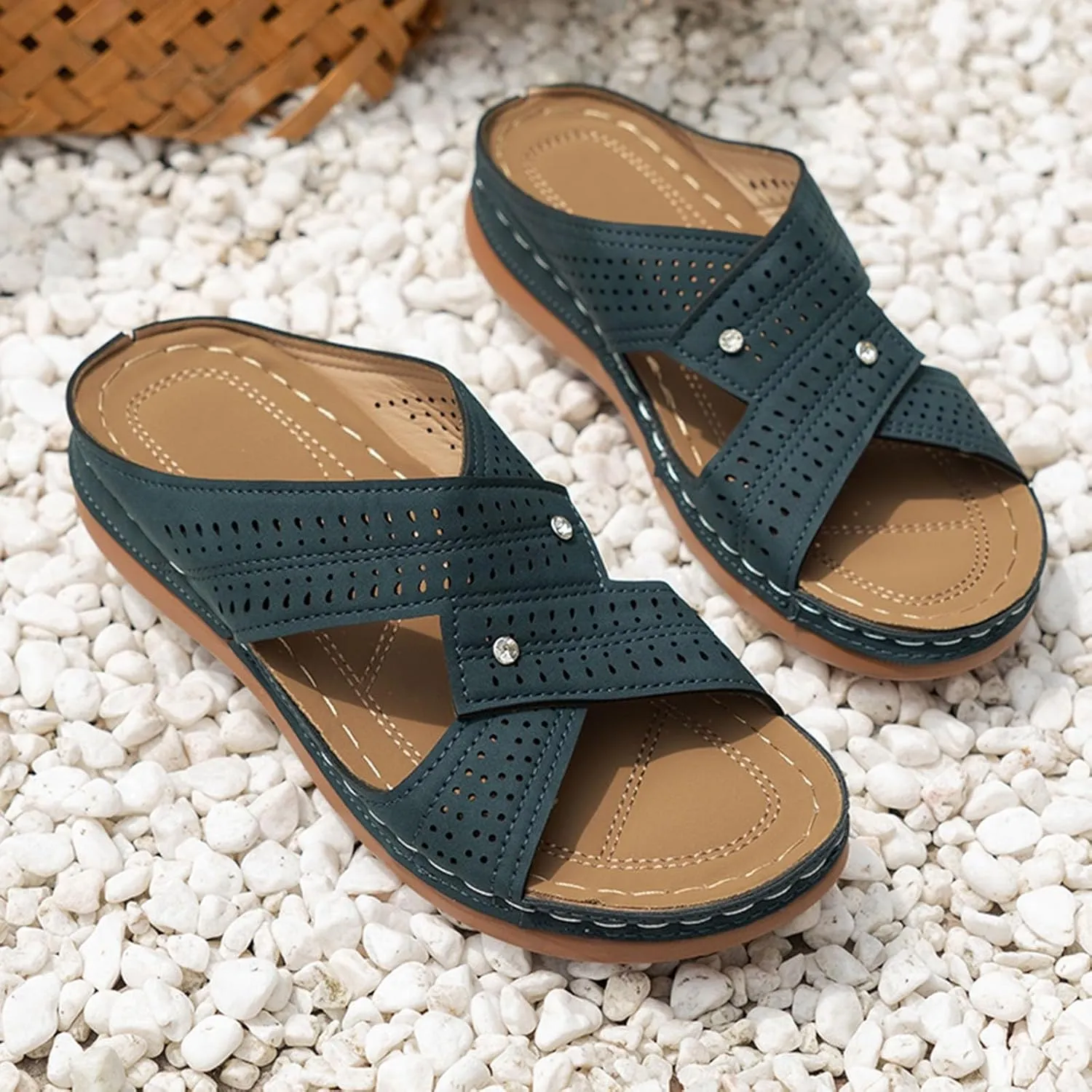 Women's Platform Wedge Sandals Comfortable Summer Raffia Straw Sandals Casual Elastic Ankle Strap Platform Sandals