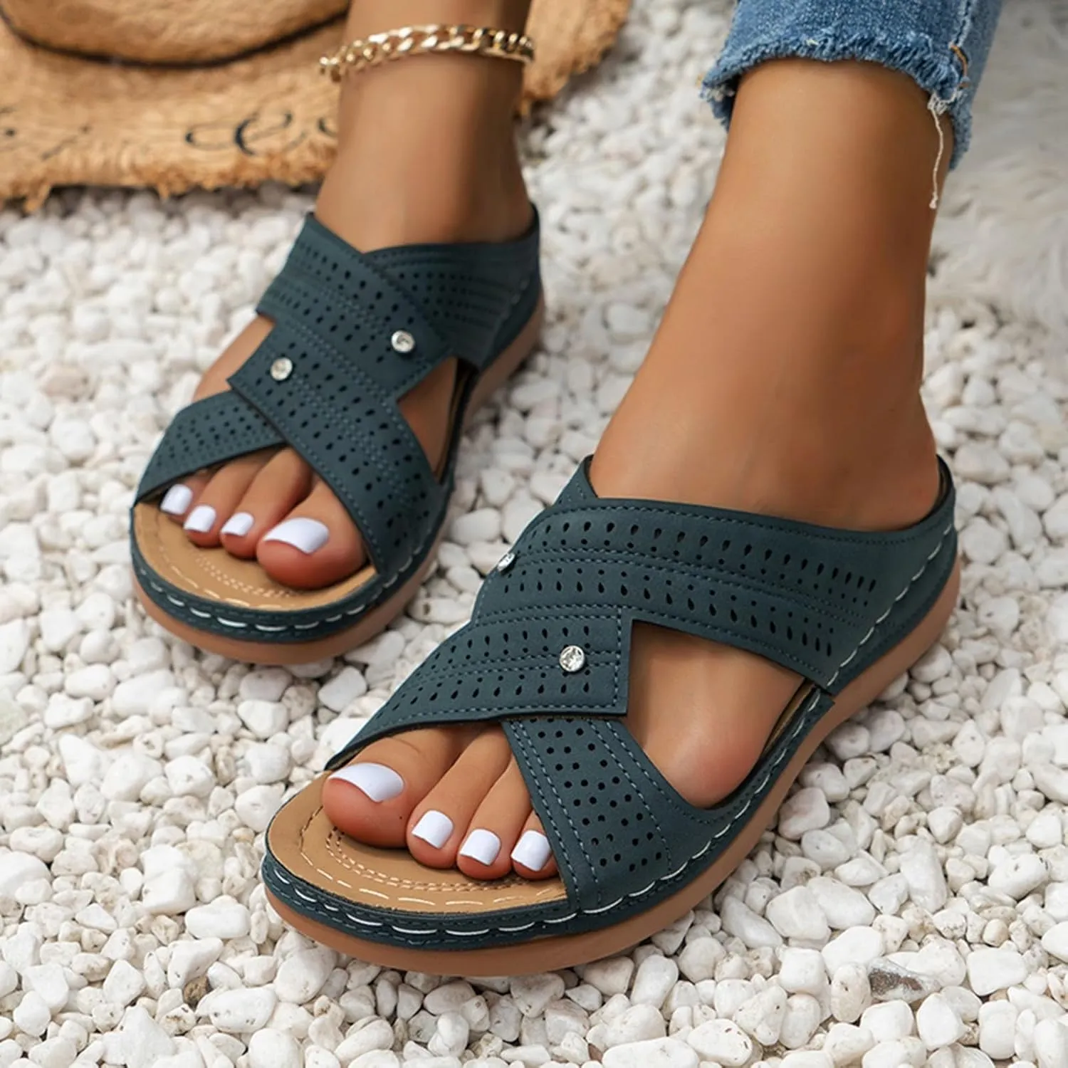 Women's Platform Wedge Sandals Comfortable Summer Raffia Straw Sandals Casual Elastic Ankle Strap Platform Sandals