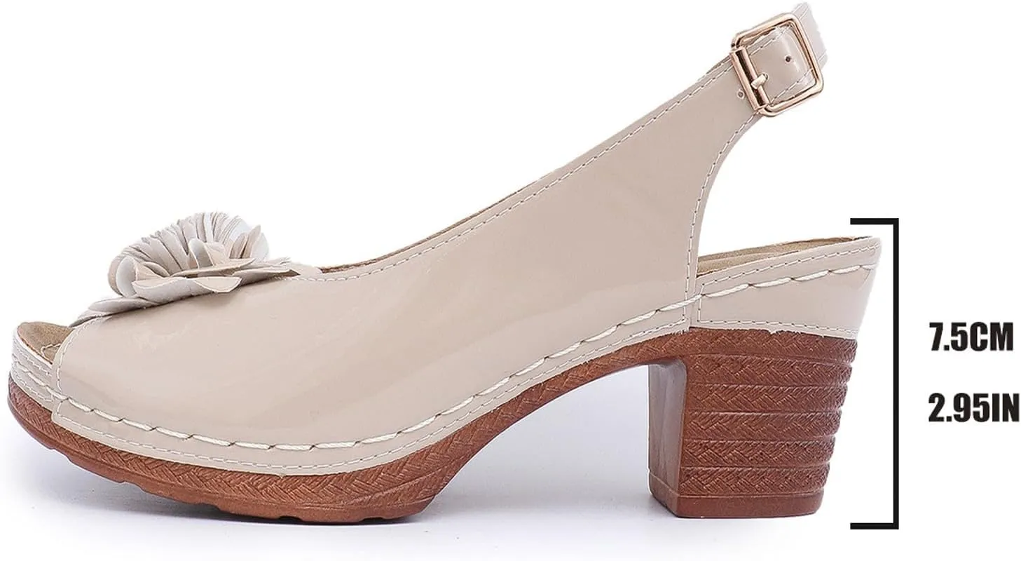 Women's Platform Wedge Sandals Elegant Chunky Heel Sandals Open Toe Mid Heel Platform Shoes Comfortable Slip On Shoes Dressy Office Party Sandal with Adjustable Buckle Strap