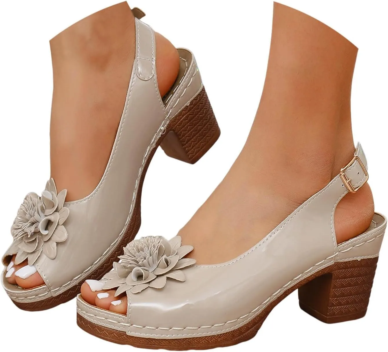 Women's Platform Wedge Sandals Elegant Chunky Heel Sandals Open Toe Mid Heel Platform Shoes Comfortable Slip On Shoes Dressy Office Party Sandal with Adjustable Buckle Strap