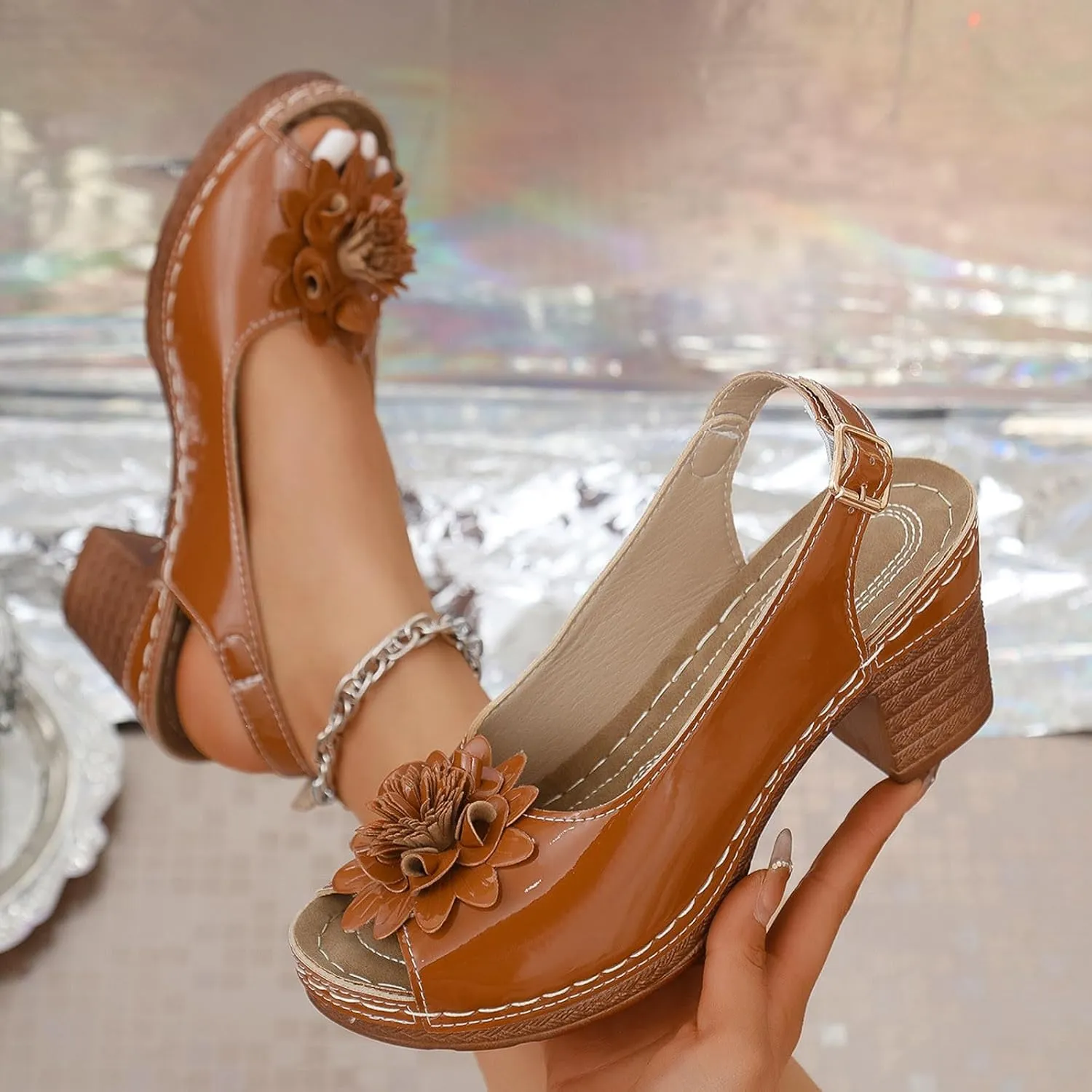 Women's Platform Wedge Sandals Elegant Chunky Heel Sandals Open Toe Mid Heel Platform Shoes Comfortable Slip On Shoes Dressy Office Party Sandal with Adjustable Buckle Strap
